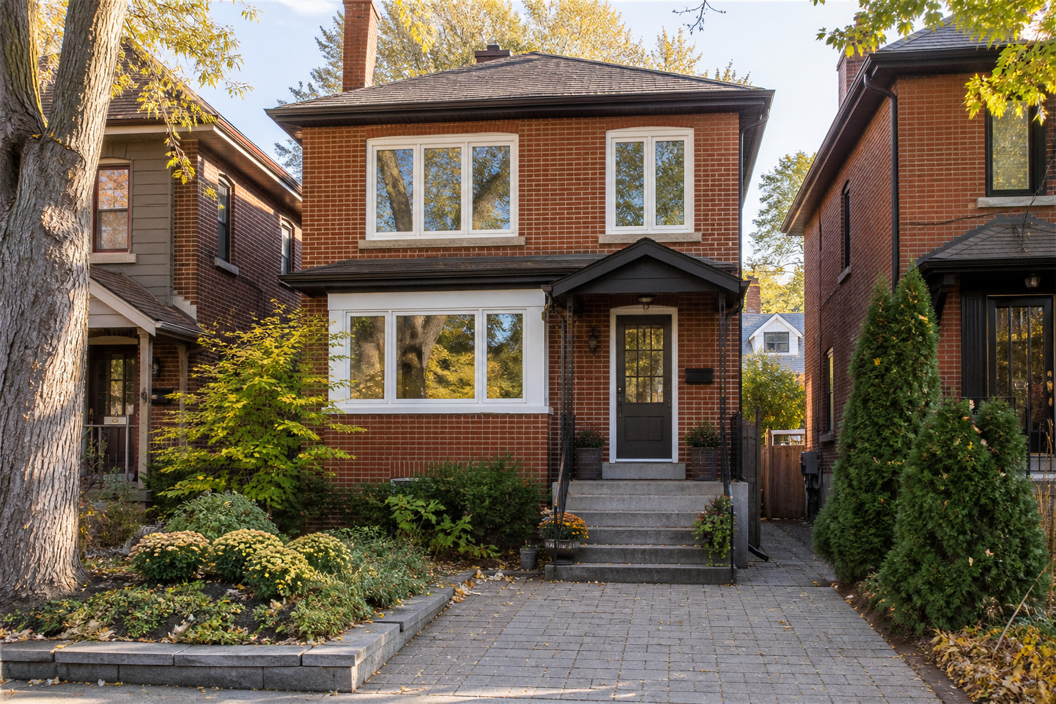 Toronto brick home with new white vinyl windows on a bright day