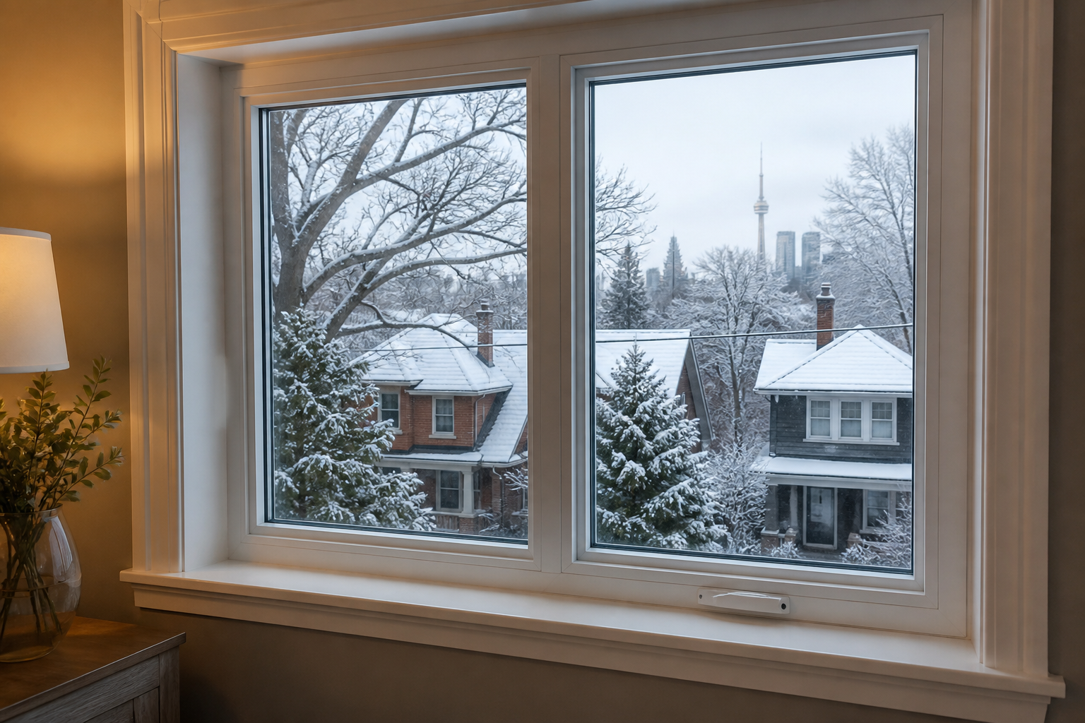 Close-up of vinyl window in a Toronto home with winter frost outside