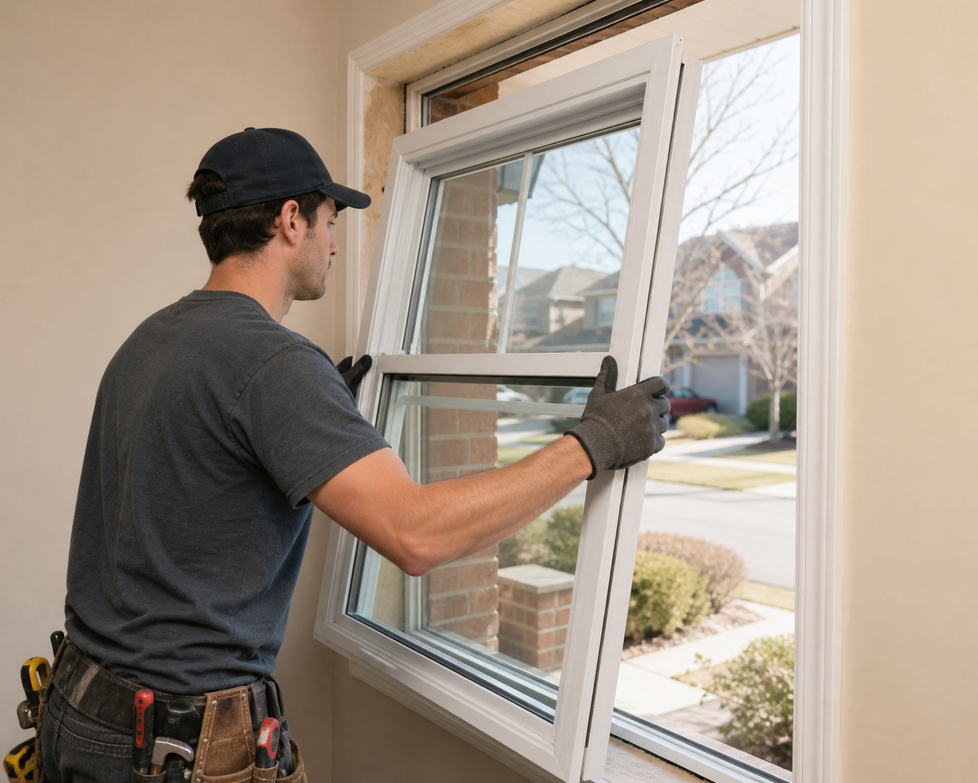 Installer carefully fitting a new vinyl window into a residential opening