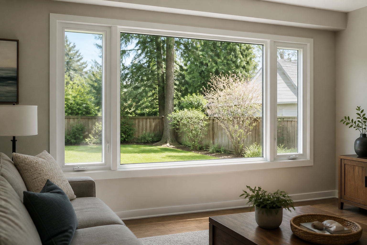 Custom vinyl window combination with picture and casement units in a Canadian living room