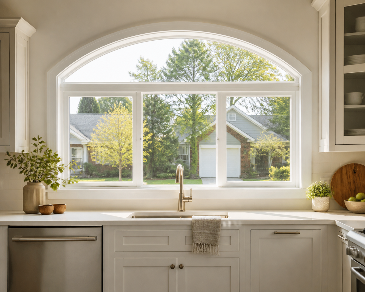 A bright kitchen with a custom arched vinyl window letting in warm sunlight