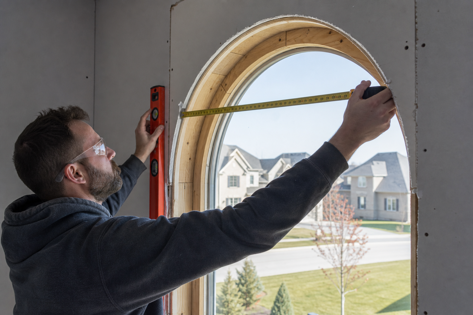 Installer measuring an arched window opening in a residential Ontario home