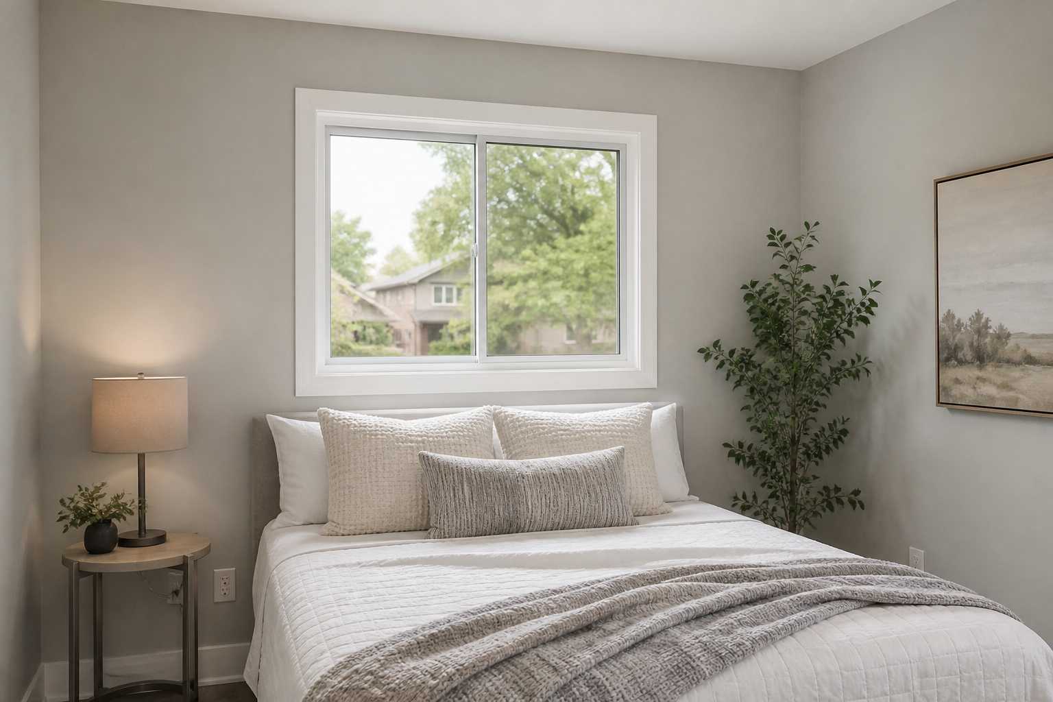 Bedroom in a Toronto home with a white vinyl single slider window above a bed