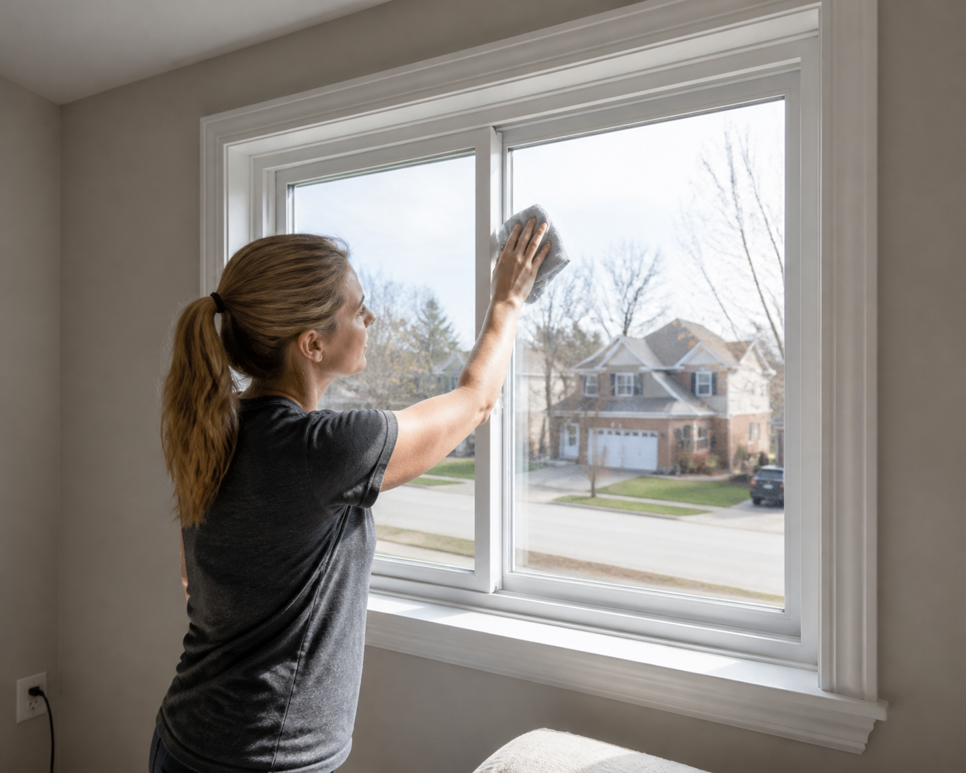 Homeowner cleaning a double slider vinyl window from inside an upper-floor room