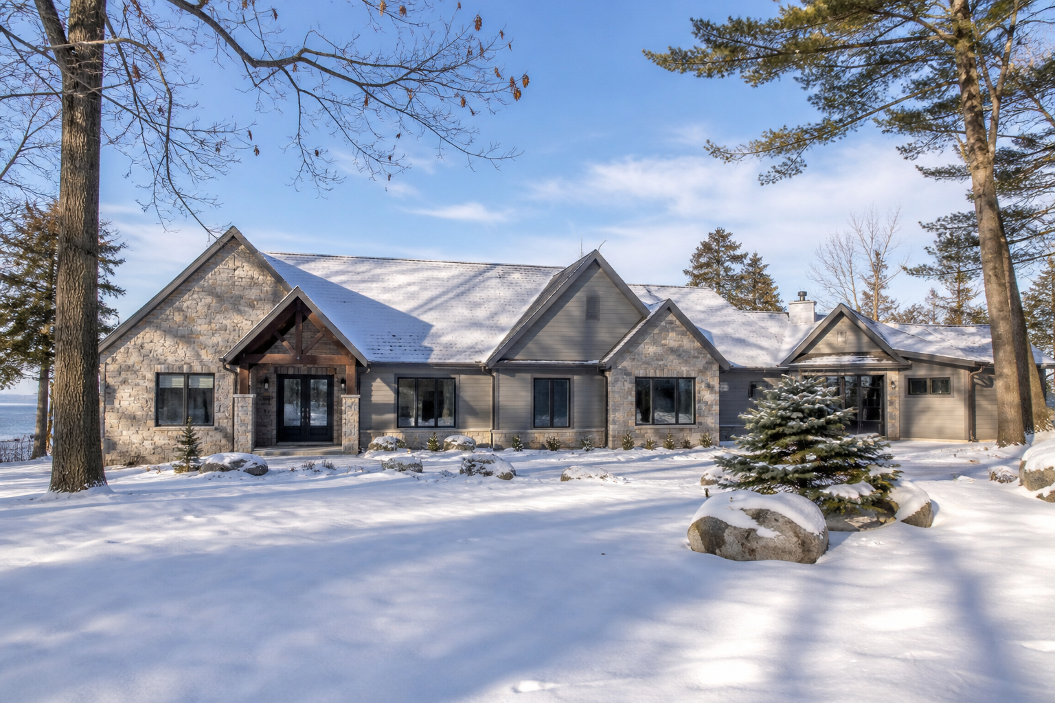 Modern Ontario home near Lake Simcoe with energy-efficient vinyl windows in winter light