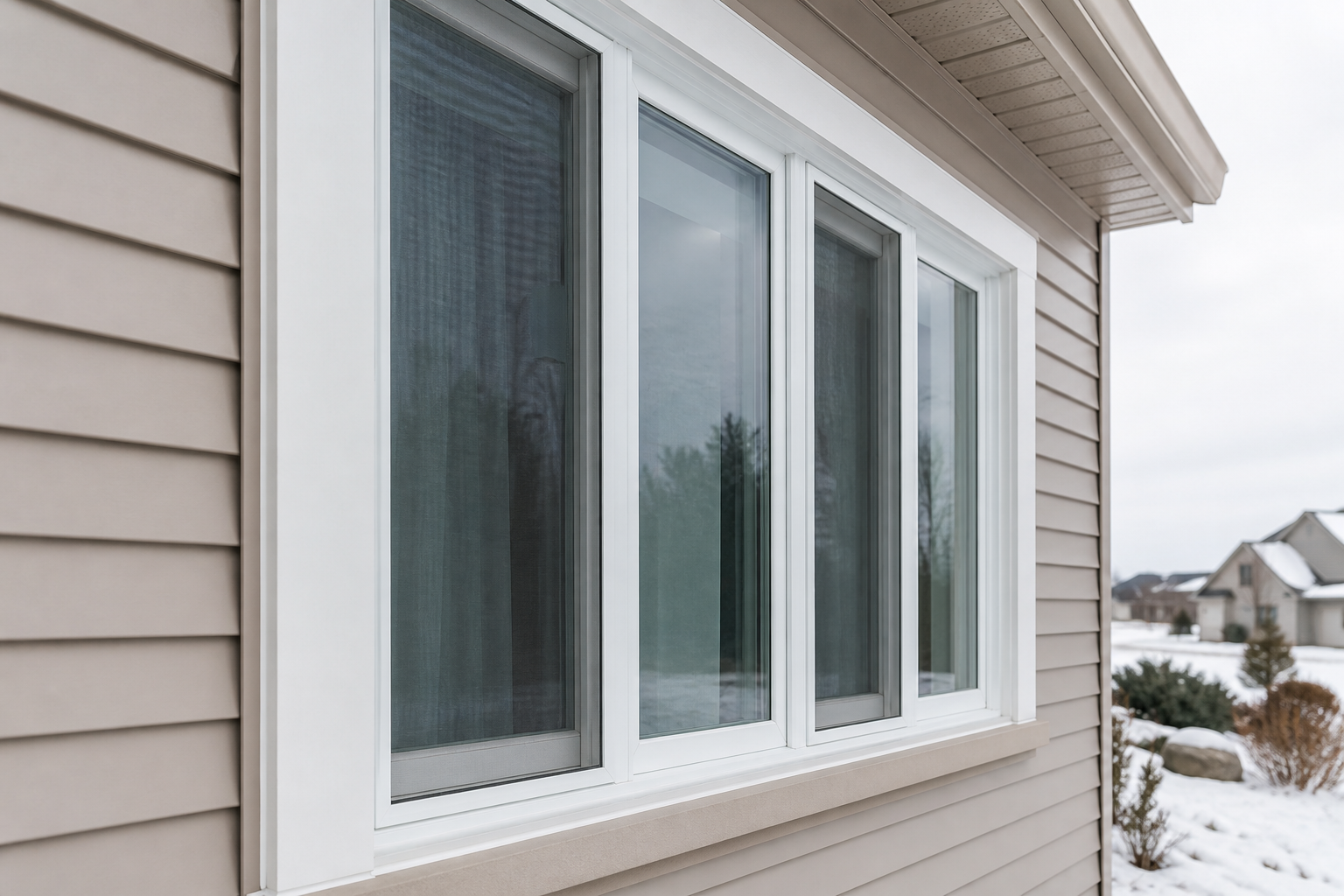 Close exterior view of white vinyl windows on an Innisfil home after winter snowfall