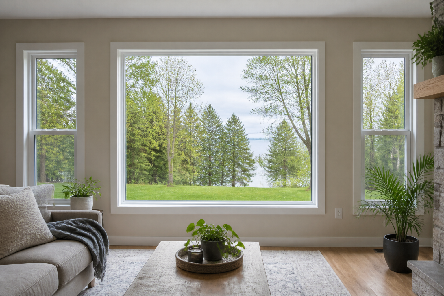 Bright living room with large picture window and side operable windows overlooking a rural Ontario yard