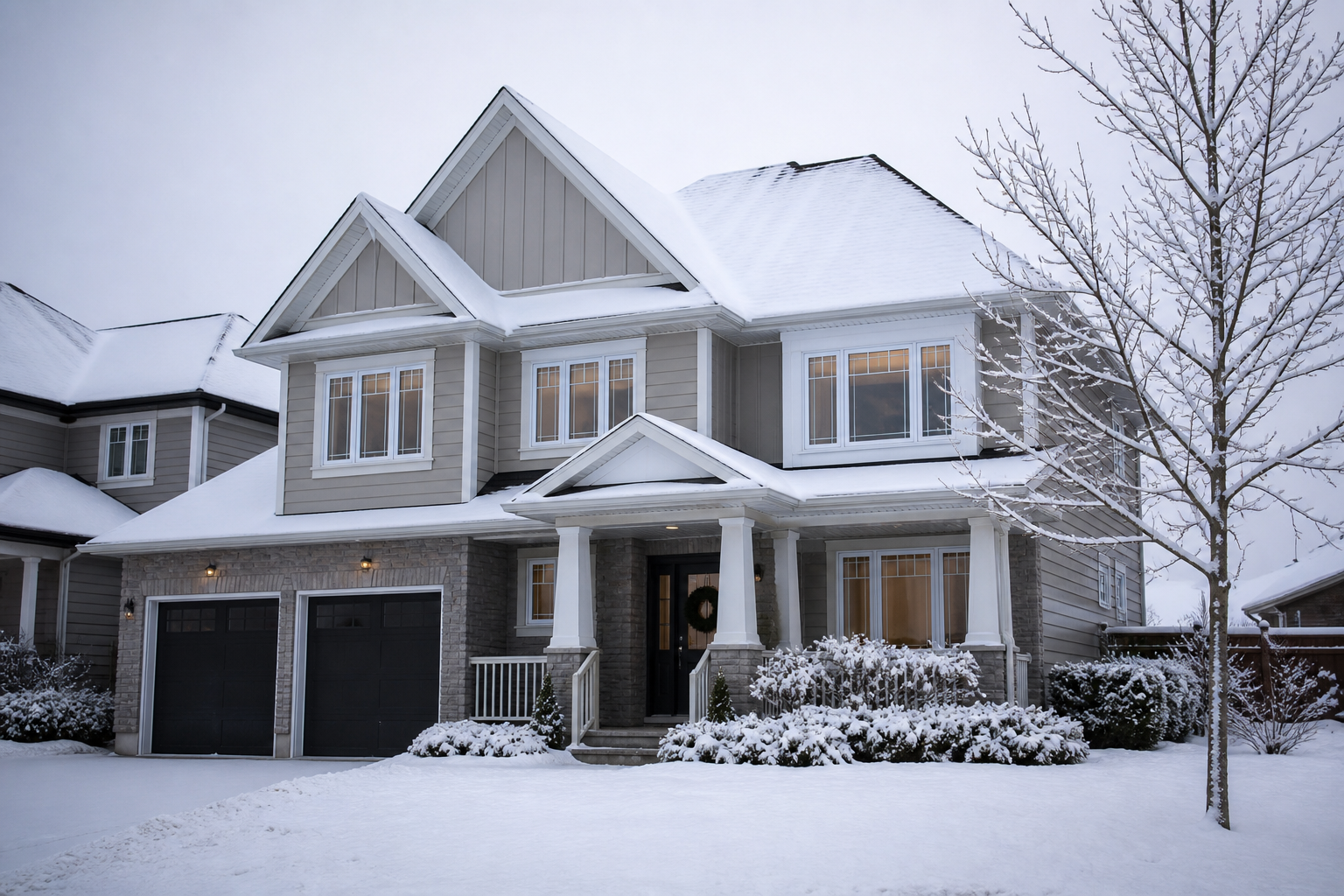 Barrie area home in winter with new white vinyl windows and snow on the roof