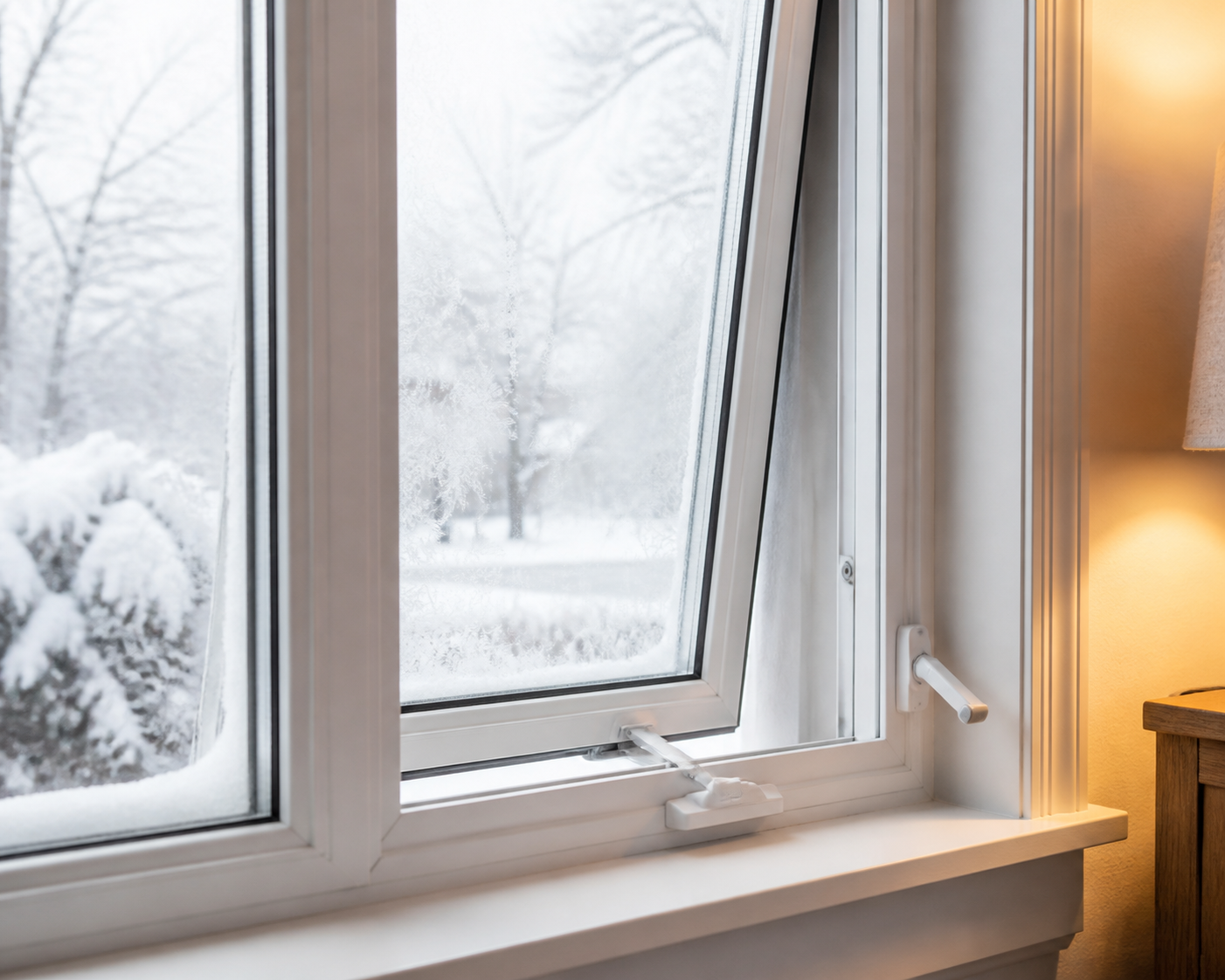 Close-up of a white vinyl casement window in winter with frost outside and a warm interior