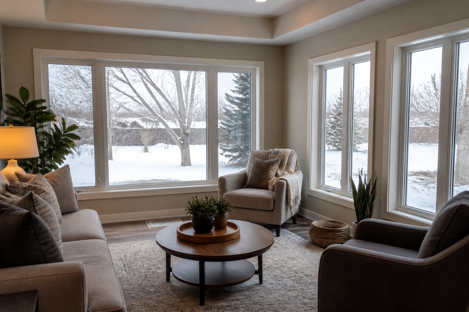 Comfortable living room in a Barrie home with large vinyl windows and snow outside