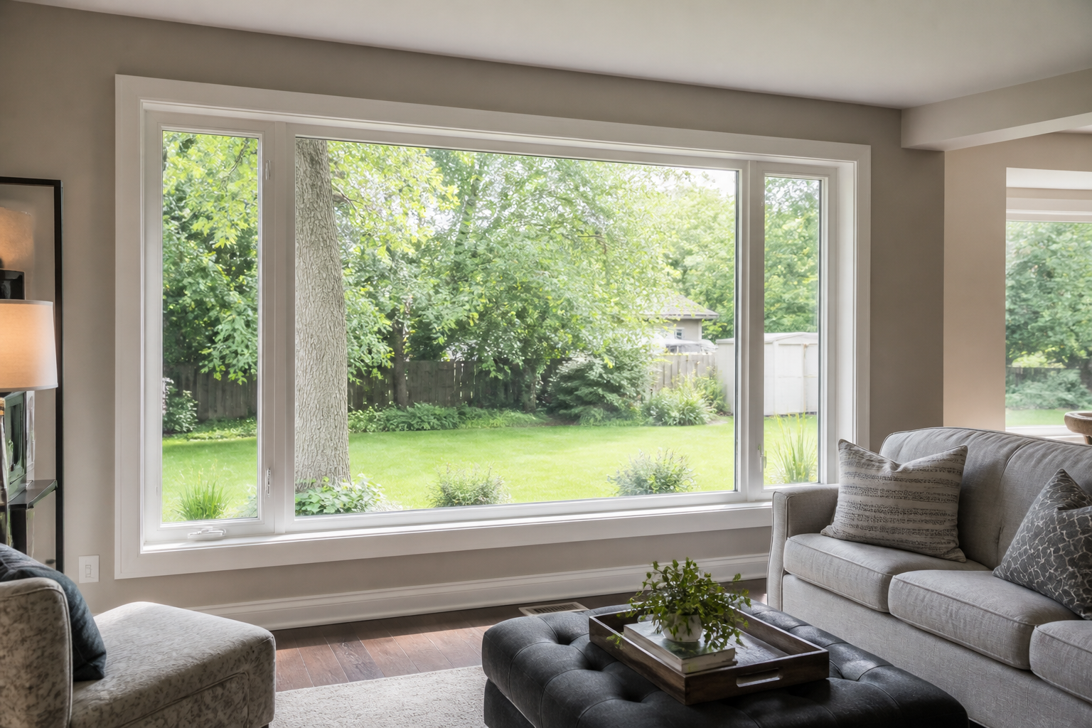 Bright Ontario living room with a large vinyl picture window overlooking a backyard