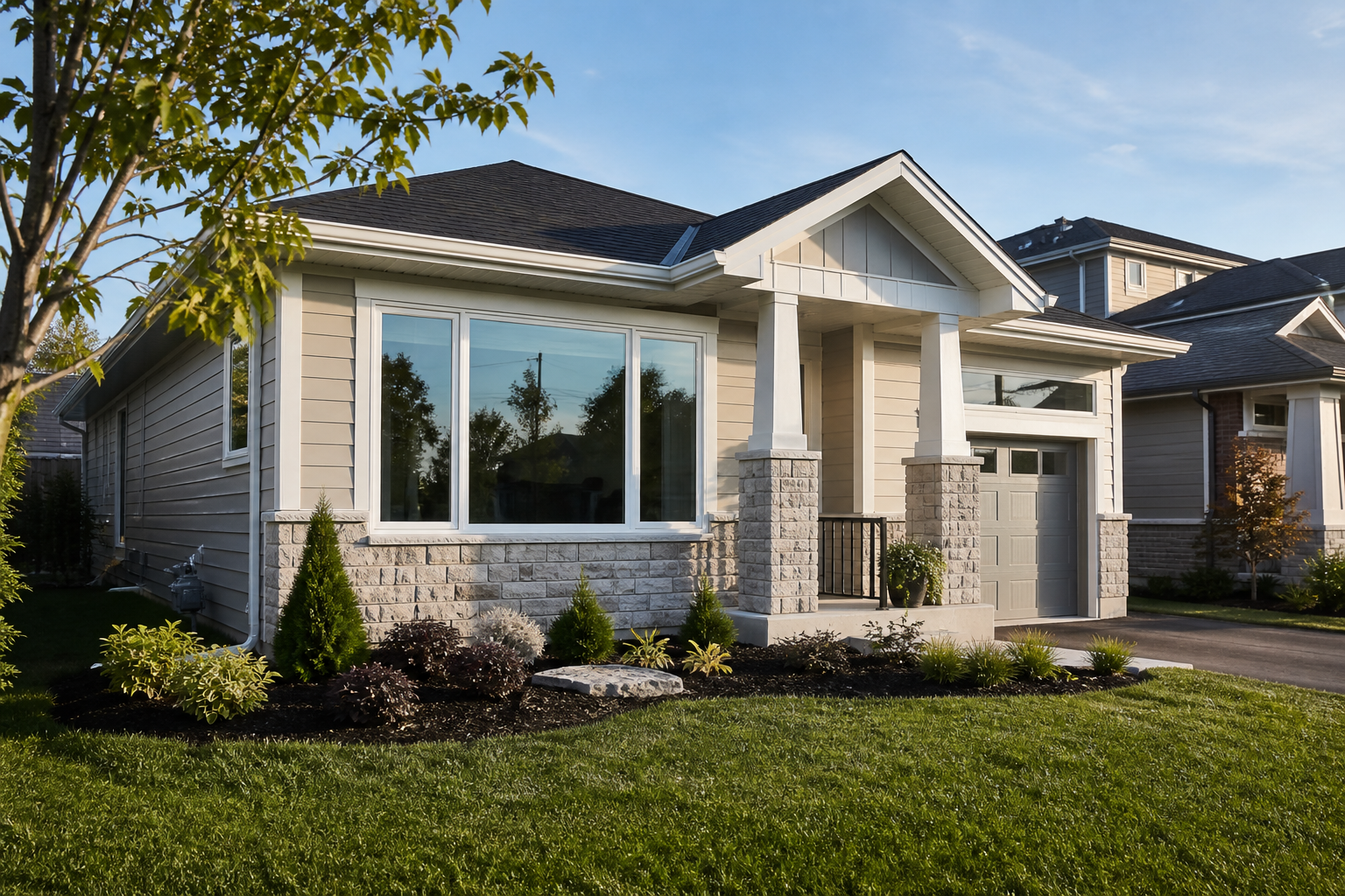 Exterior view of a large fixed vinyl picture window on an Ontario home