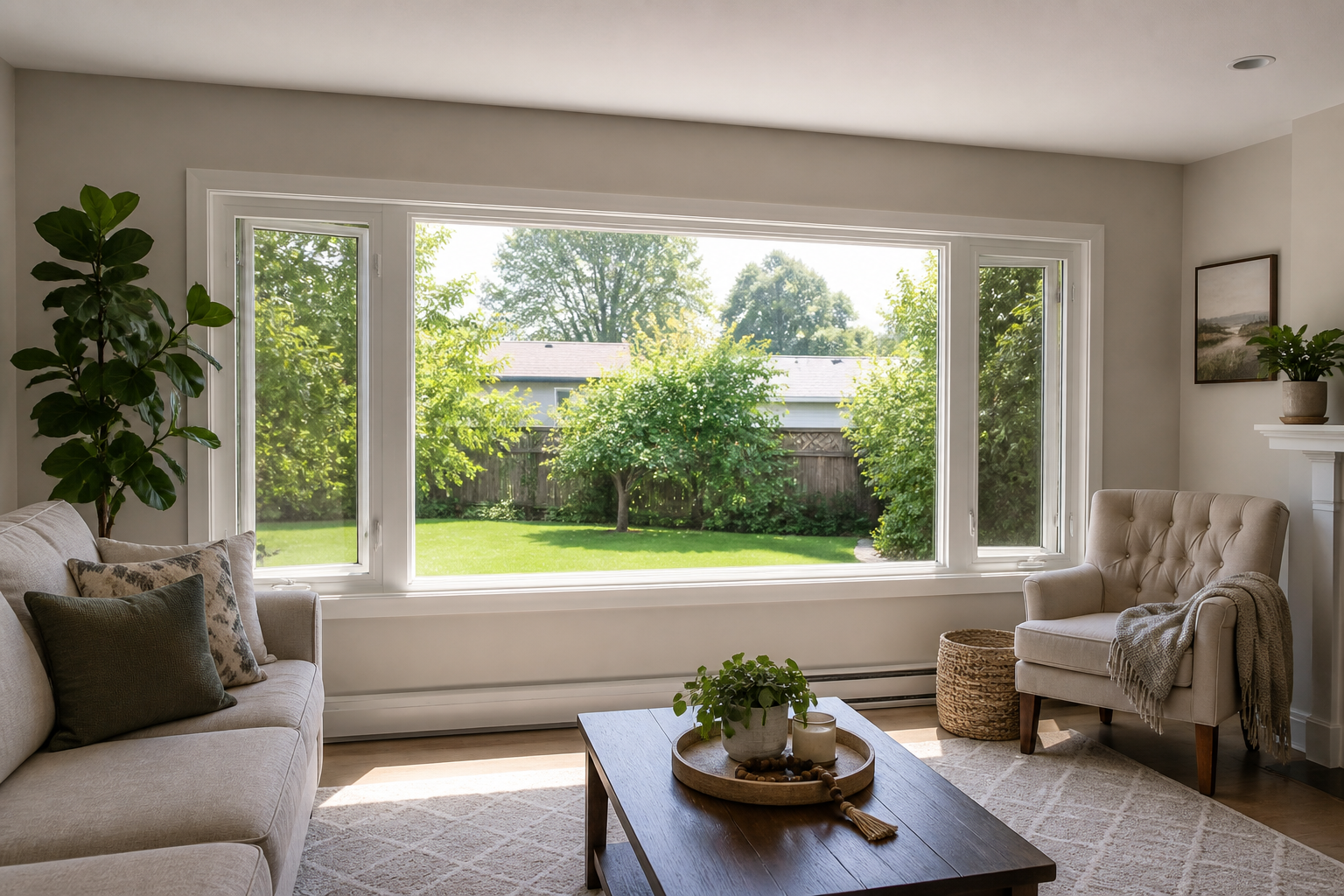 Living room window combination with centre picture window and side casement windows