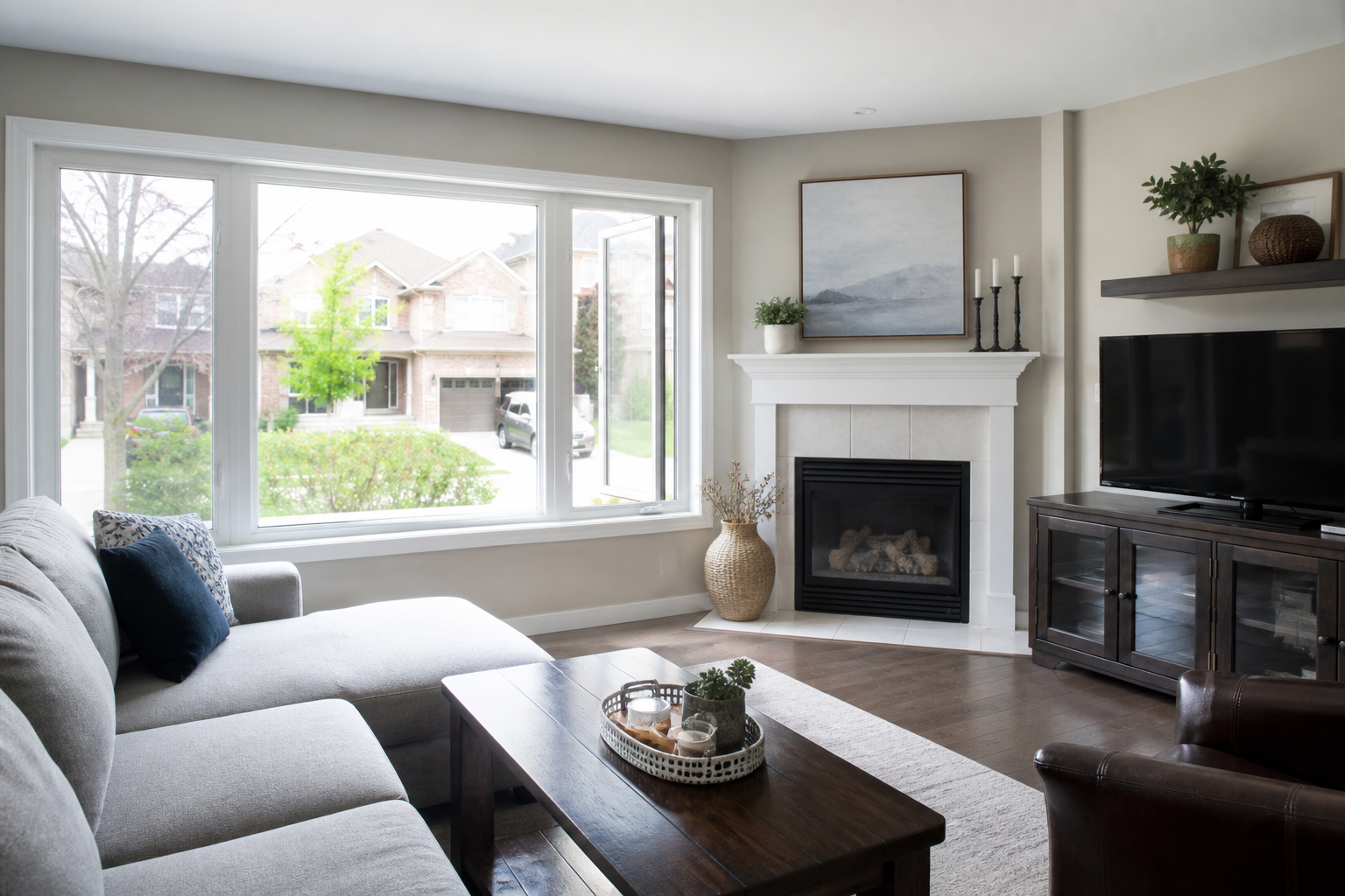 Interior view of a bright Newmarket living room with white vinyl casement and fixed windows