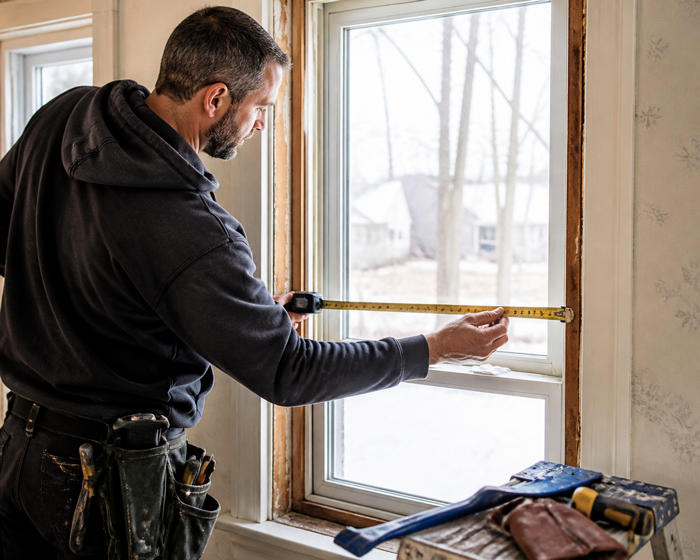 Installer measuring an older residential window opening in a York Region home