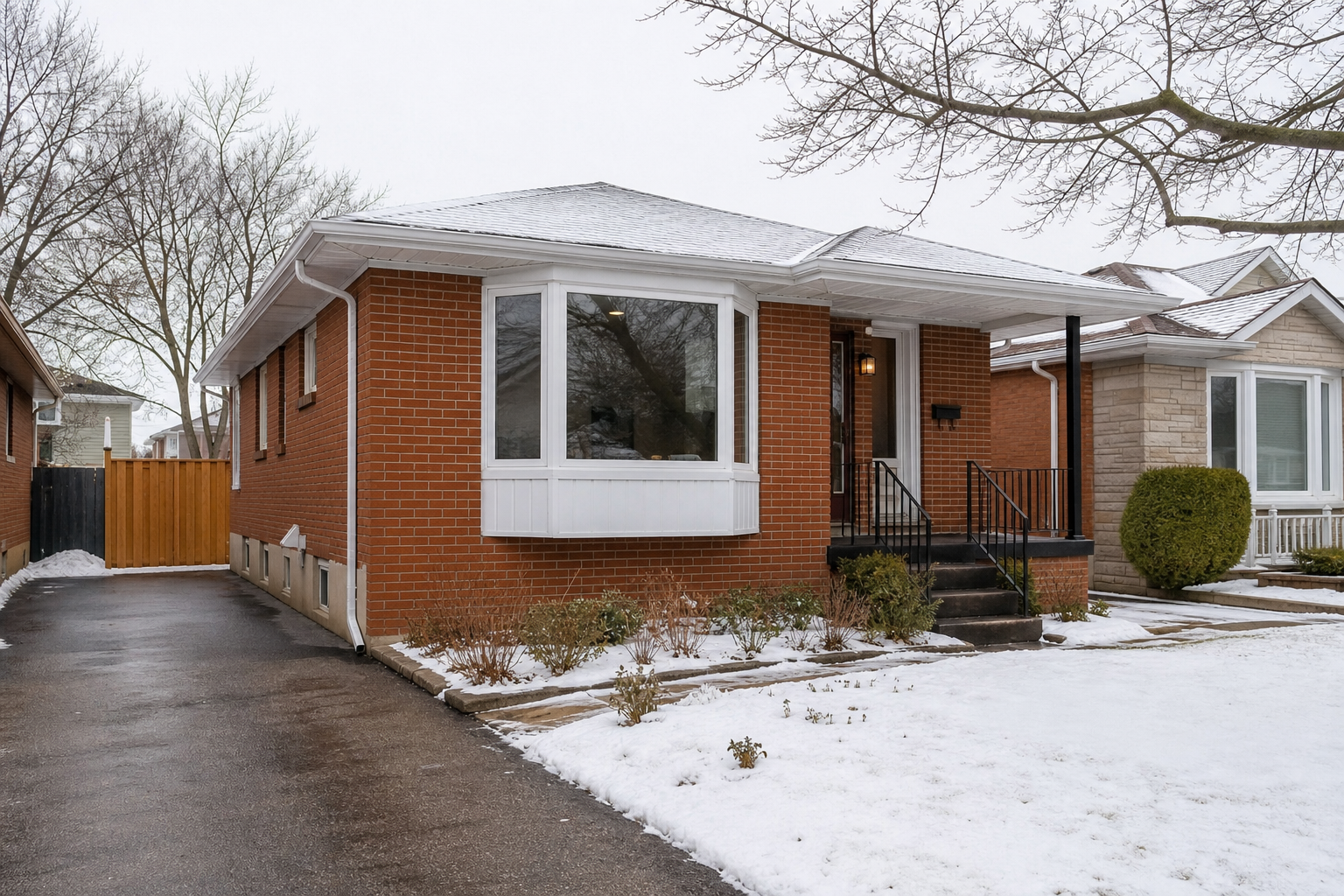 Front of an Ontario brick house with a large white vinyl bow window projecting outward on a snowy winter day
