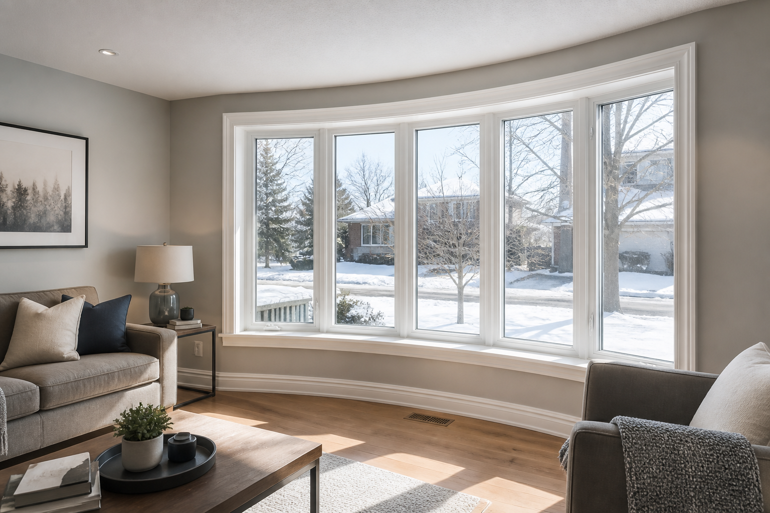 Bright Ontario living room interior with a white vinyl bow window and winter light coming through multiple panes