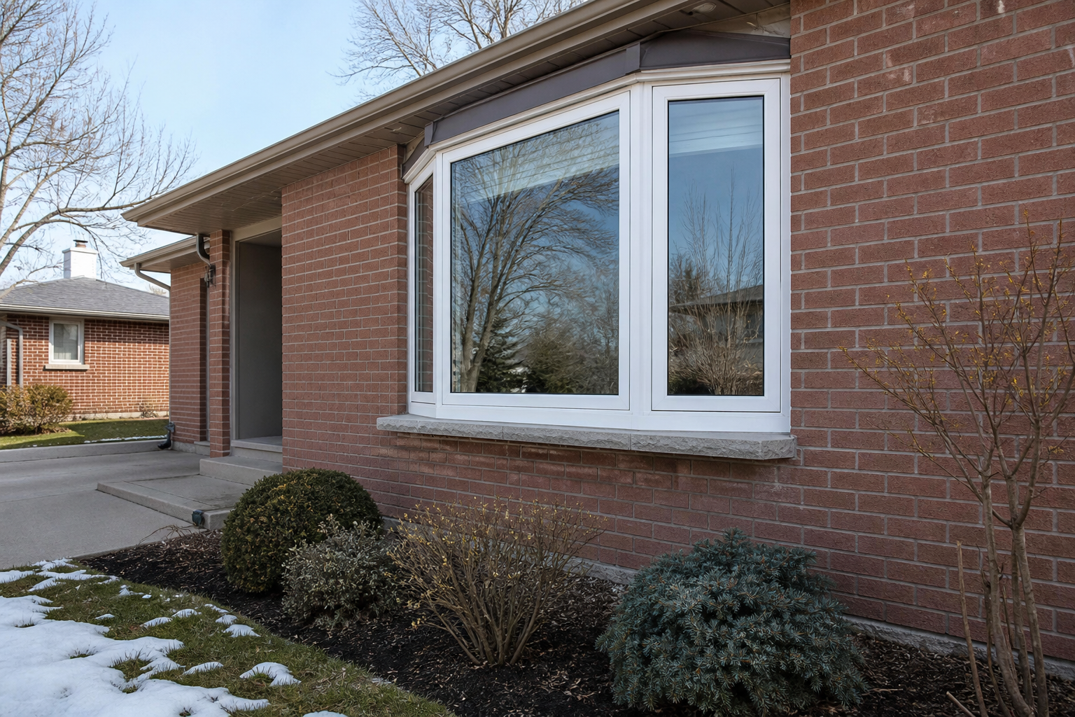 Exterior side view comparing the angular shape of a bay window on a brick house in Ontario
