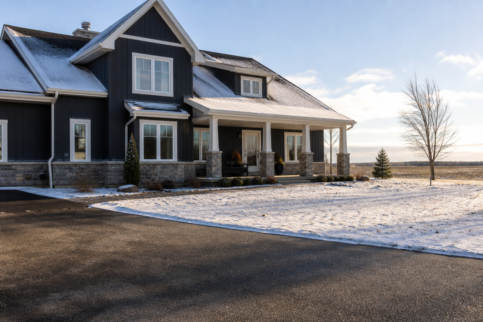 Modern farmhouse in East Gwillimbury with new white vinyl windows on a cold bright Ontario day