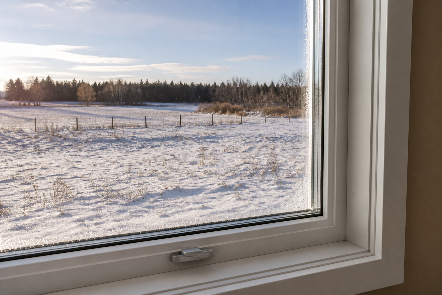 Close view of white vinyl window on a rural Ontario home with winter field beyond