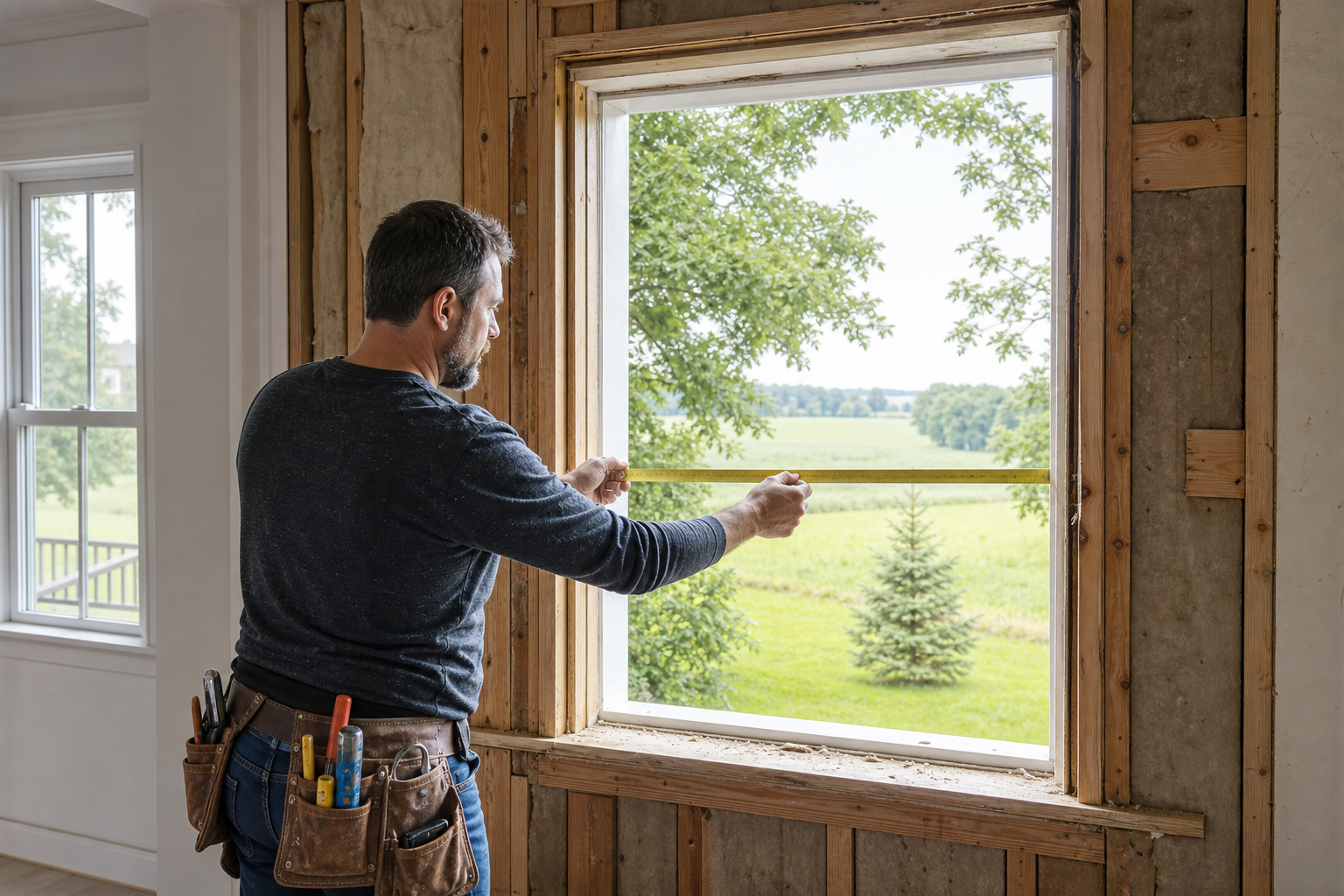 Installer measuring an older farmhouse window opening in East Gwillimbury