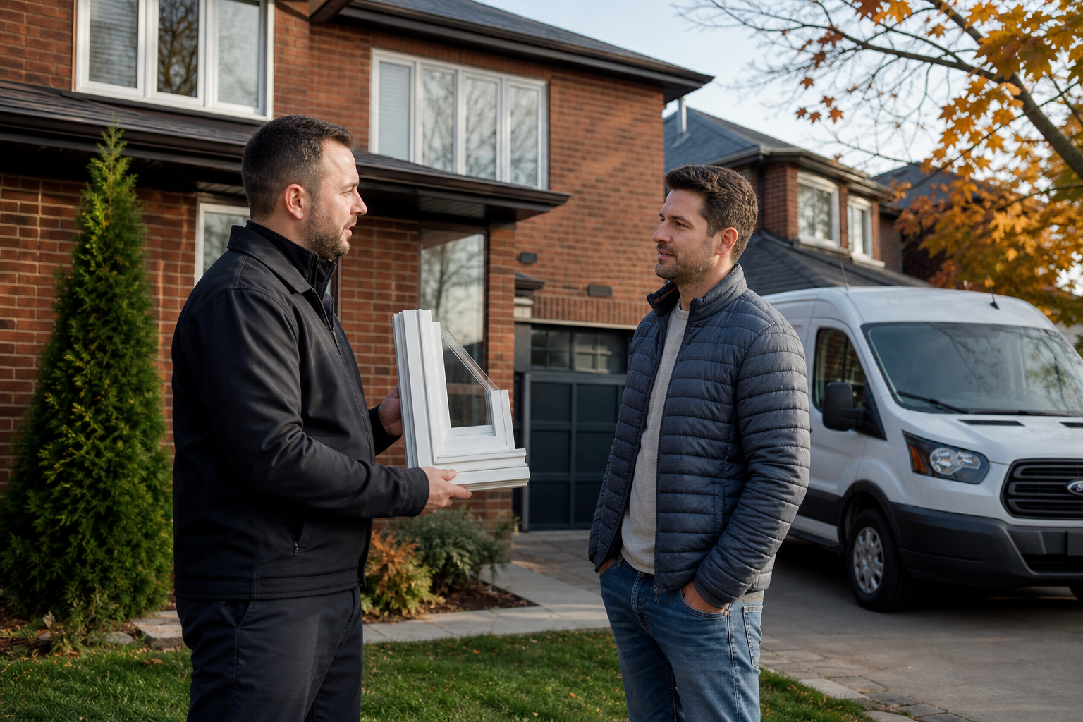Ontario homeowner speaking with a window installer beside a house during a window replacement consultation