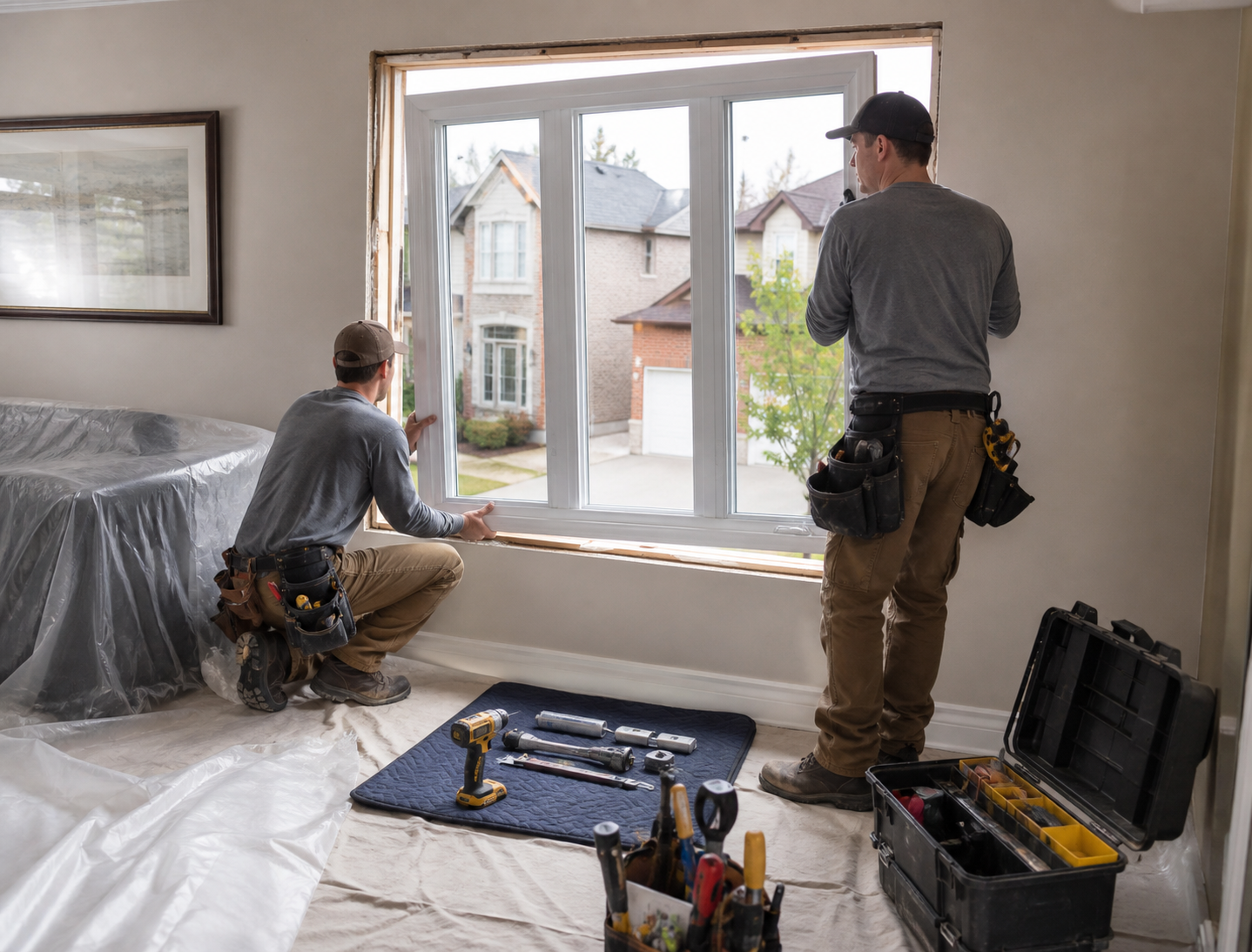 Professional in-house window installation crew carefully fitting a vinyl window into an Ontario home