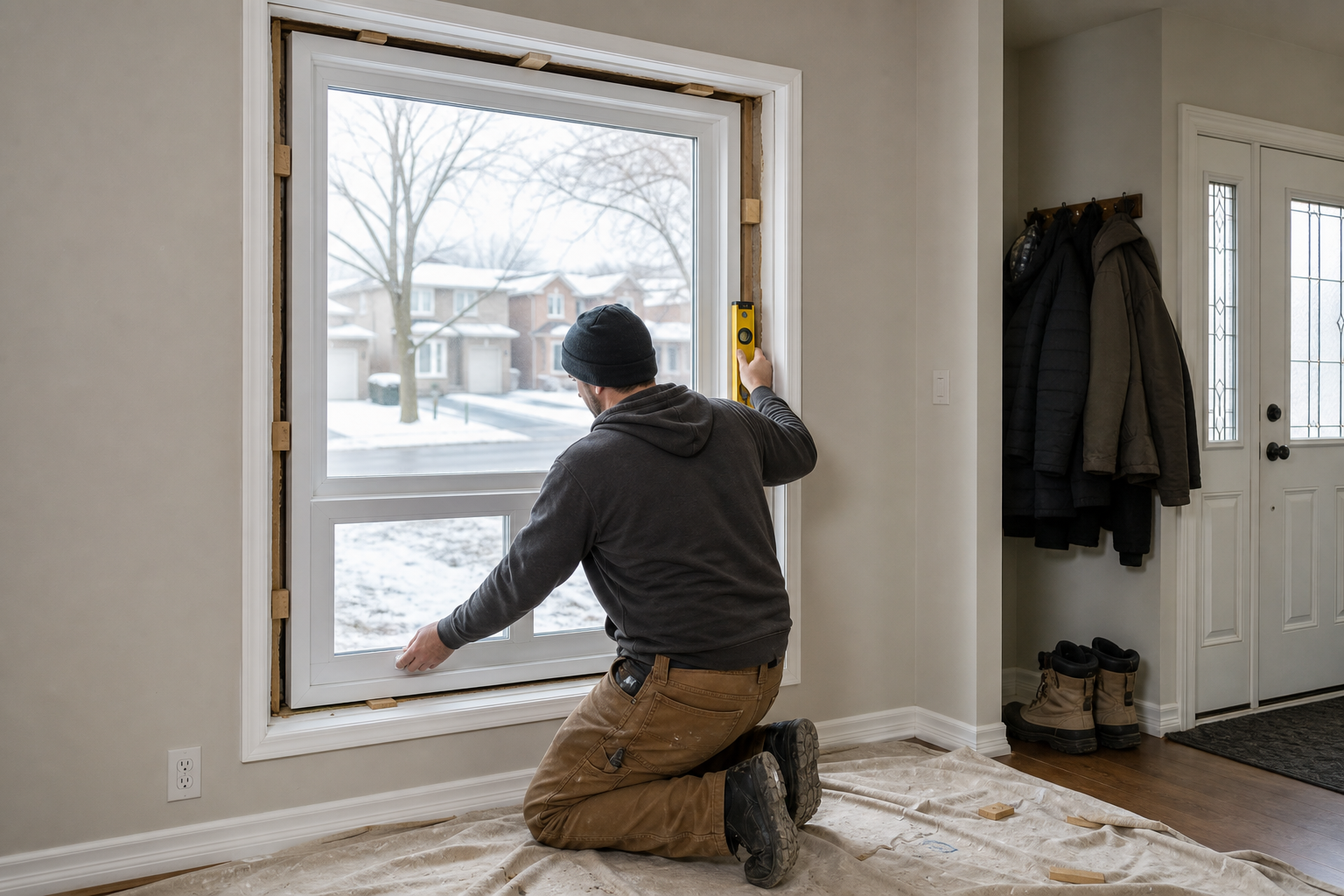 New vinyl window being installed neatly with trim protection inside a Canadian home