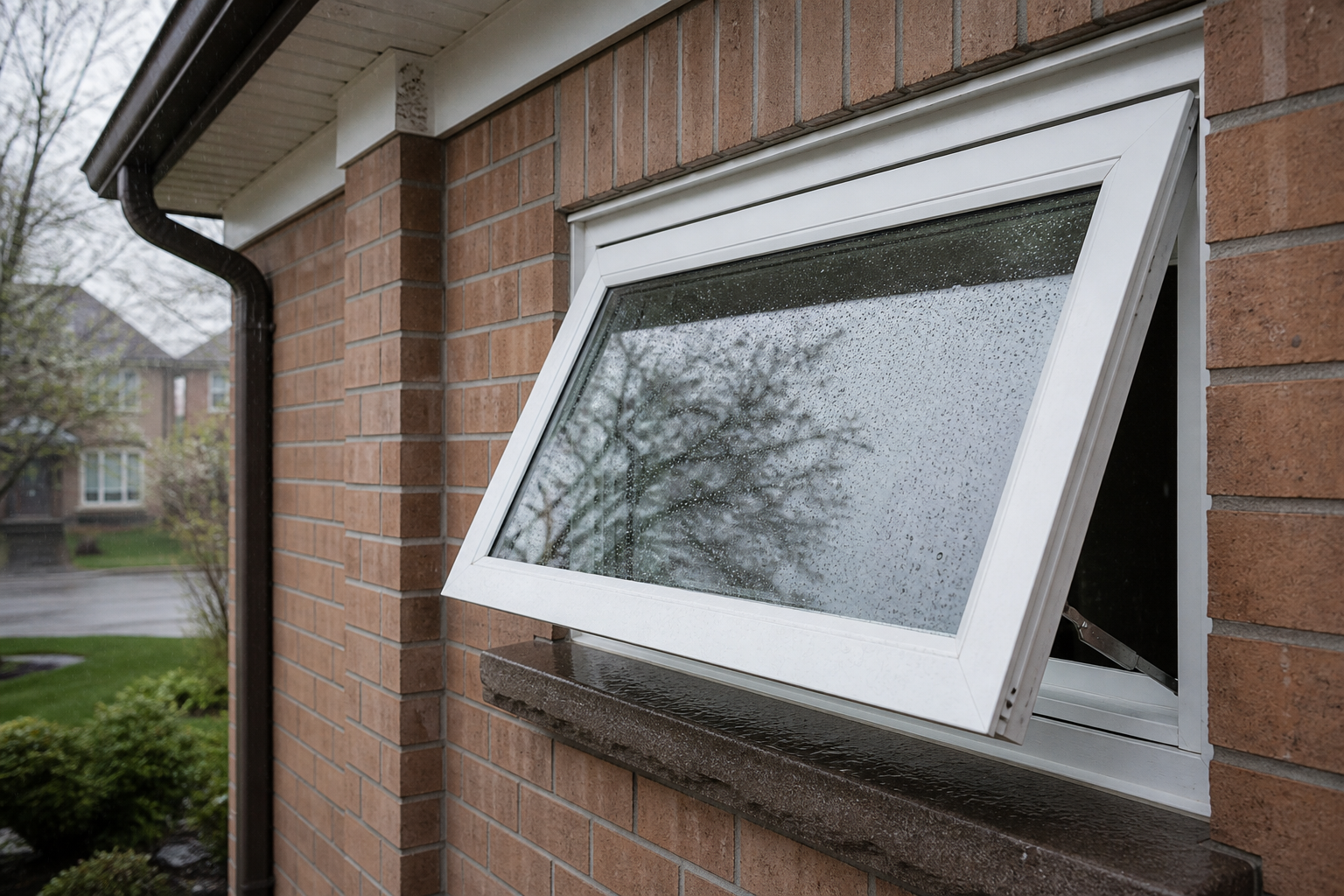Modern vinyl awning window open during a light rain on a Canadian brick house