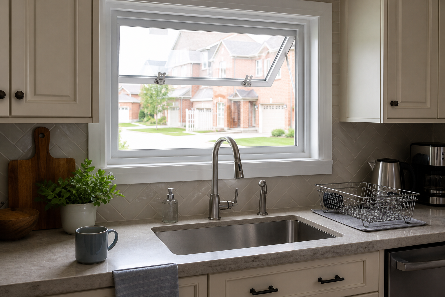 White vinyl awning window open above a kitchen sink in an Ontario home