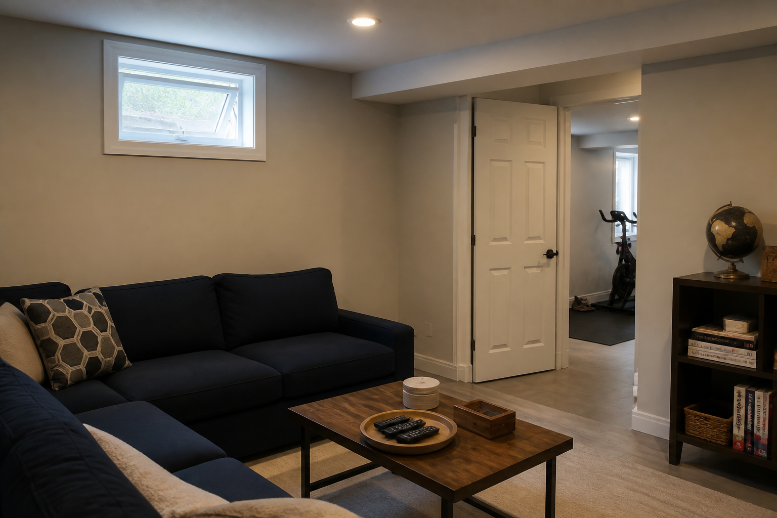 Small awning window open in a bright basement of a Canadian home