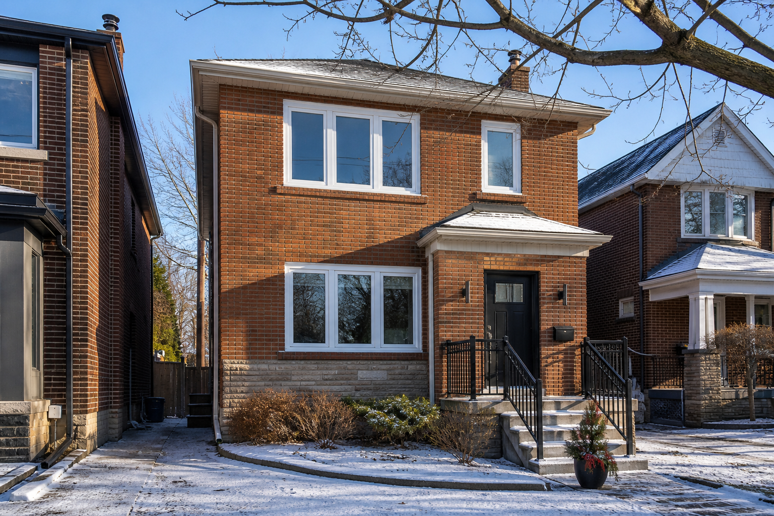 Toronto brick house with new vinyl windows on a cold bright day