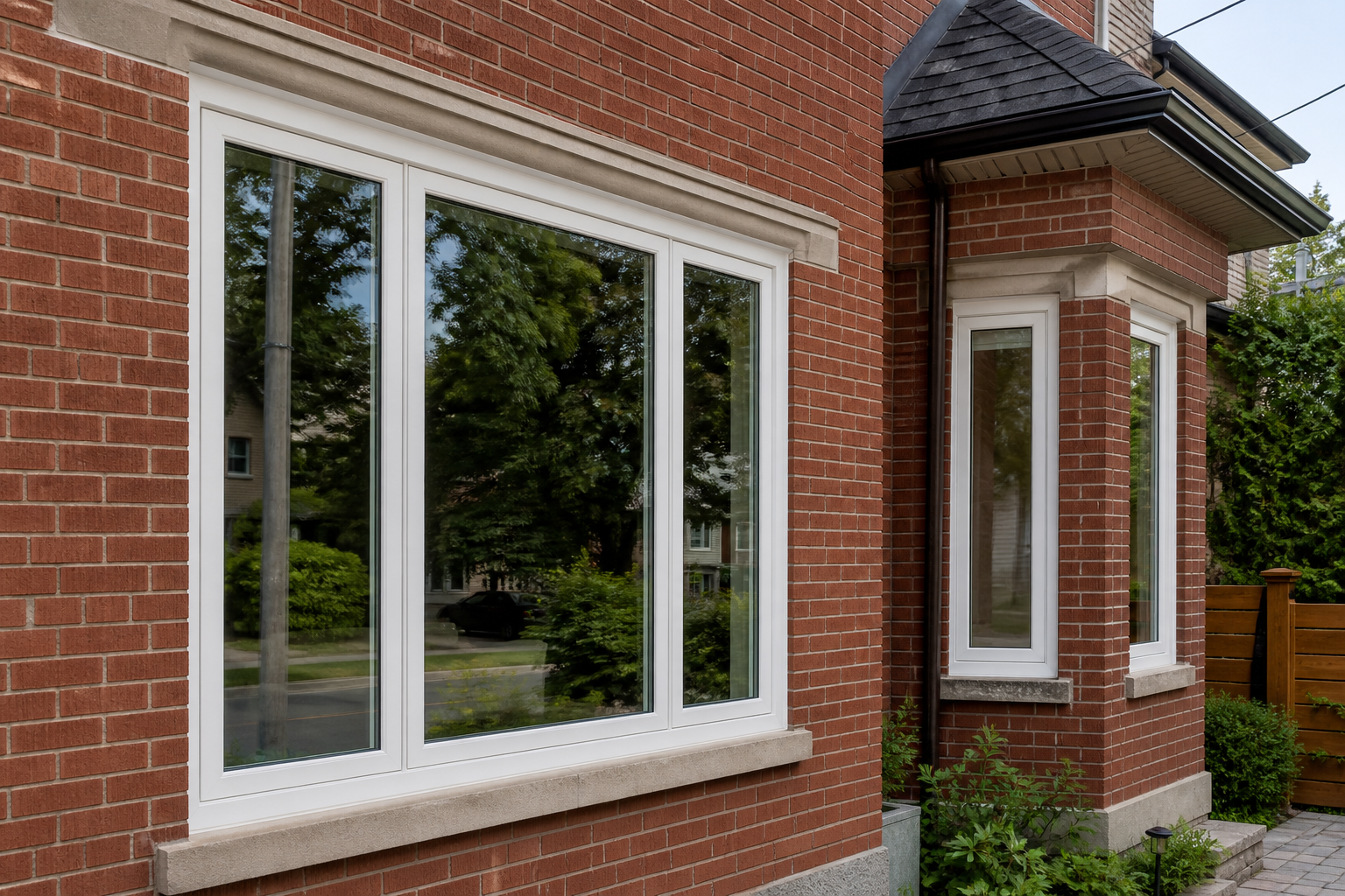 Close exterior view of new white vinyl casement and picture windows on a Toronto brick home