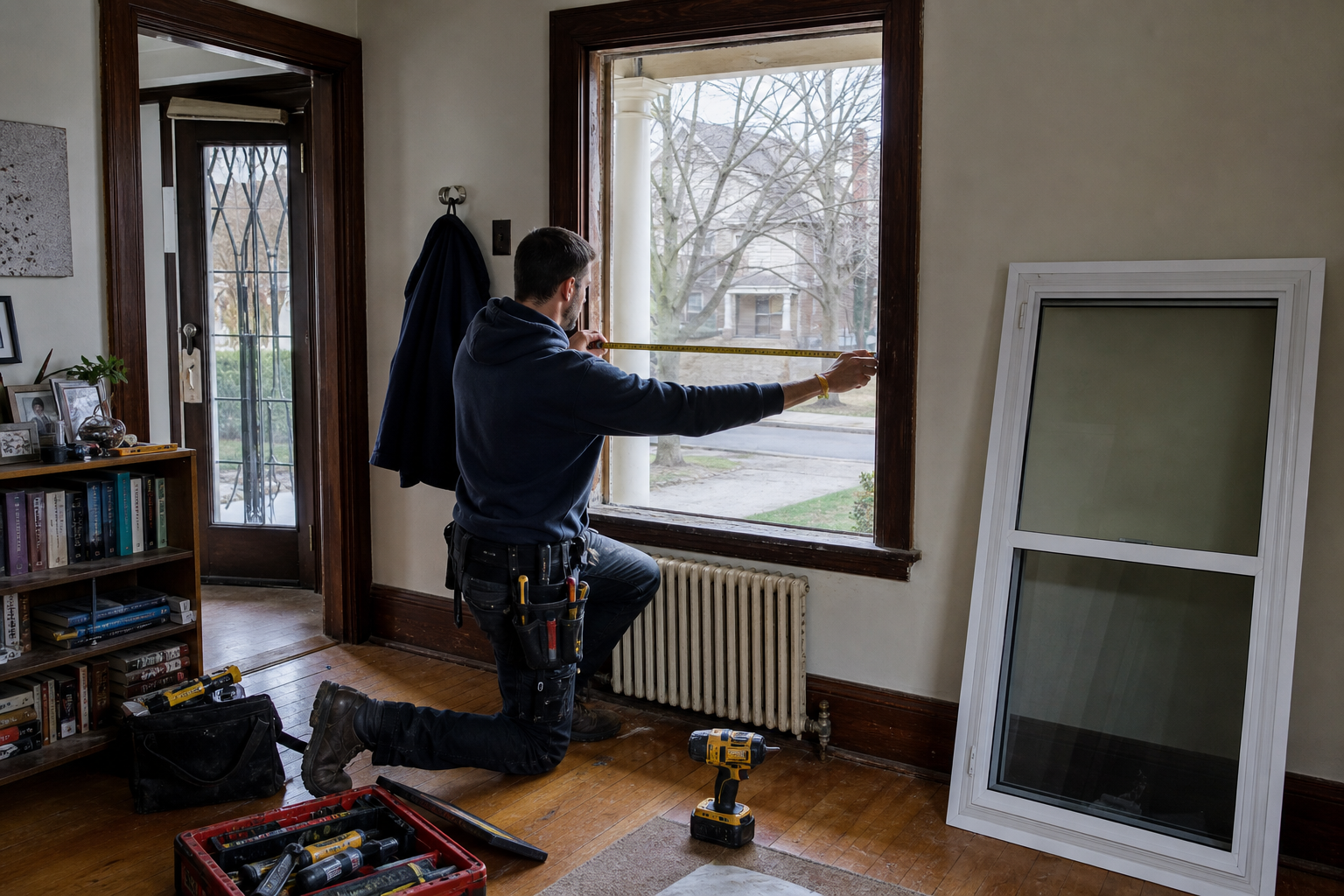 Window installer measuring an older window opening inside a Toronto house