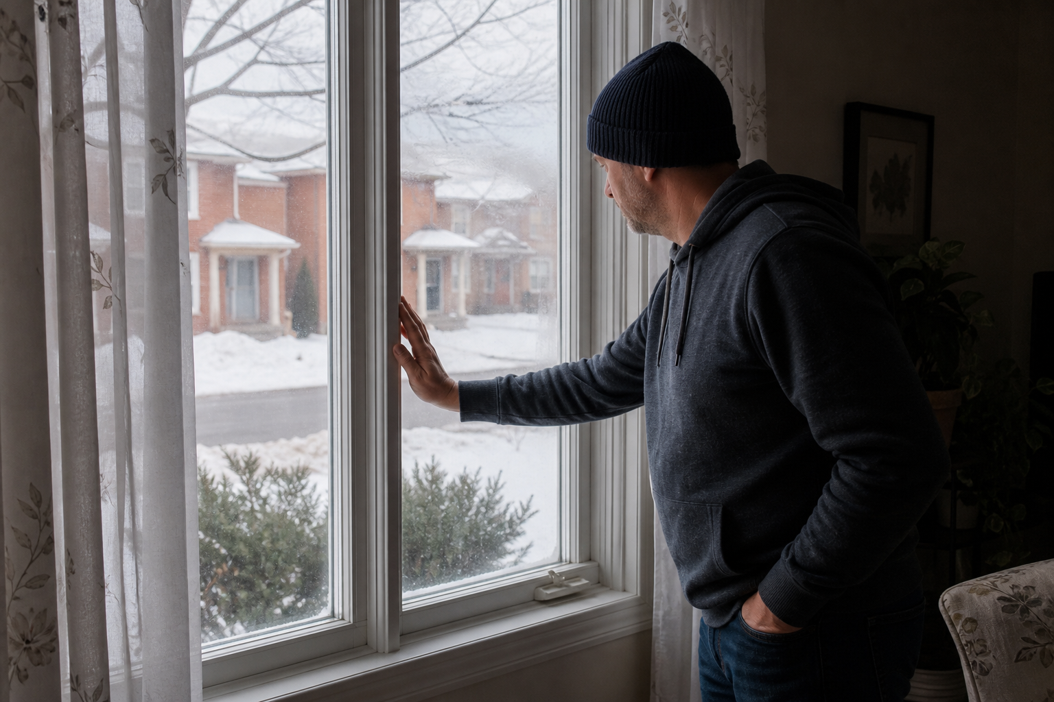 Older house in Ontario with visible winter condensation and a homeowner checking a drafty window