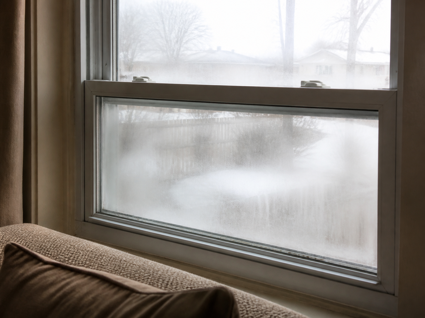 Fog trapped between panes of an older residential window in an Ontario home