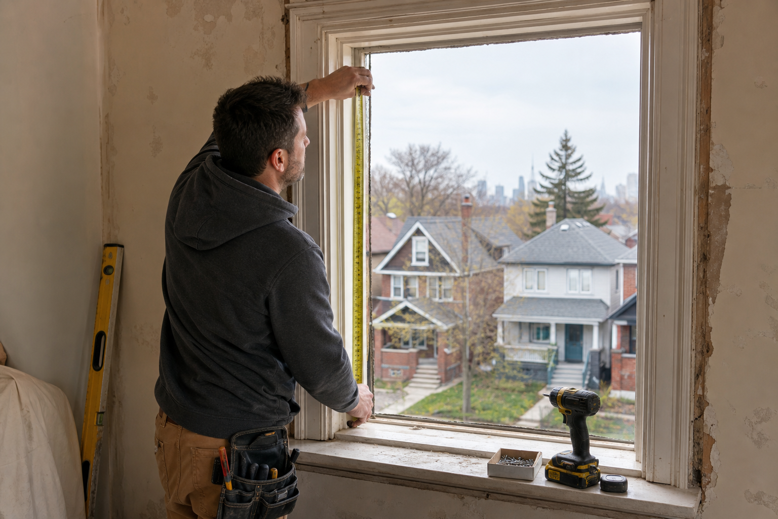 Window installer measuring an older second-floor window opening in a Toronto area brick home
