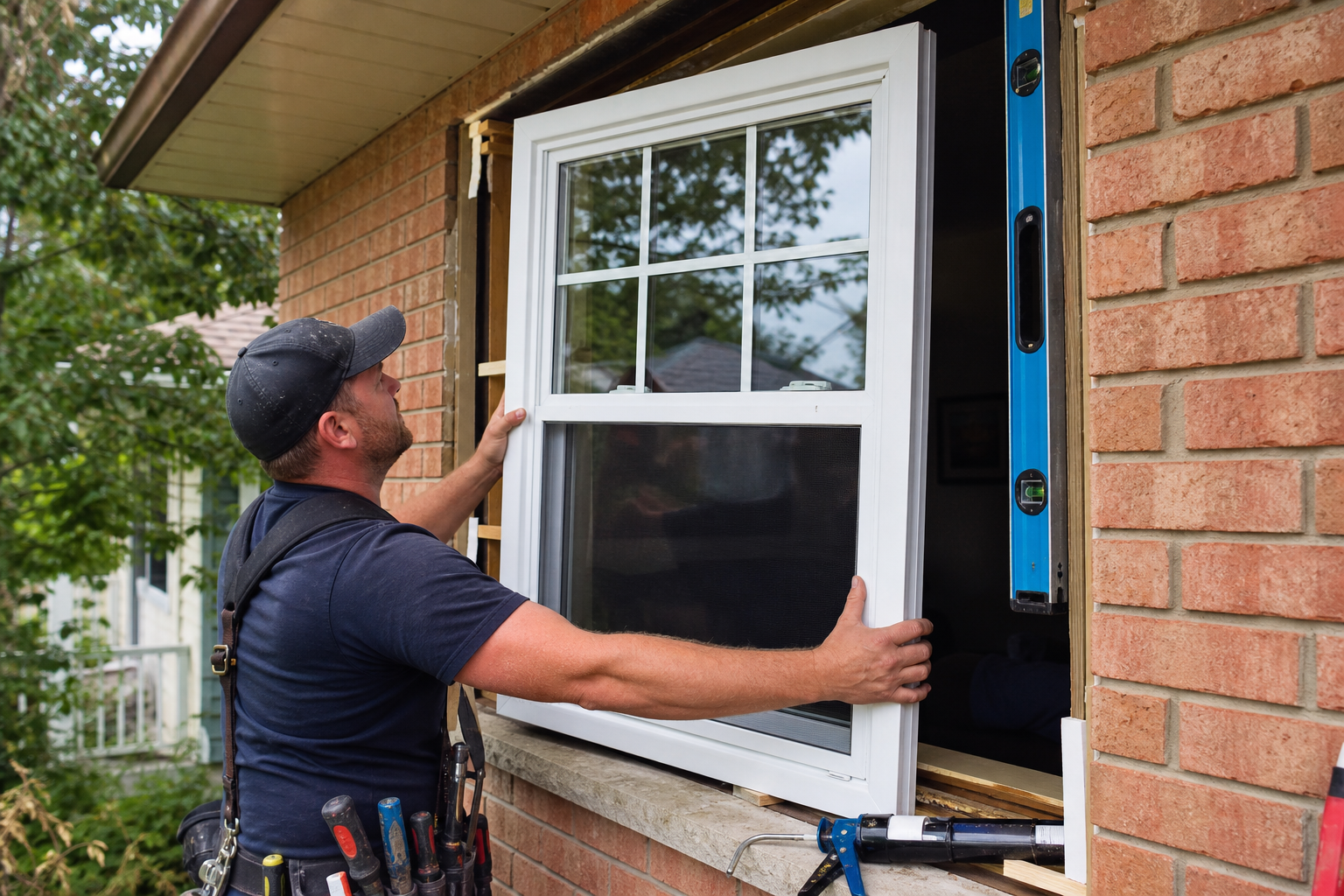 Installer setting a new vinyl window into an opening and checking it for level during a home replacement project