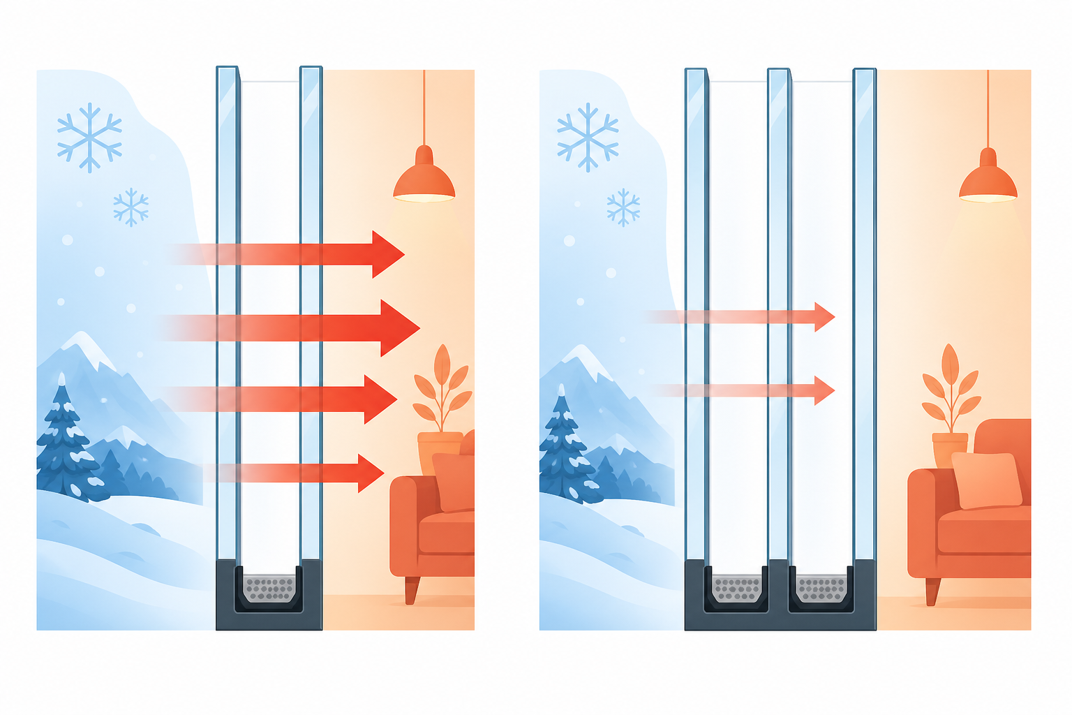 Simple illustration showing double pane and triple pane window glass layers with heat flow arrows