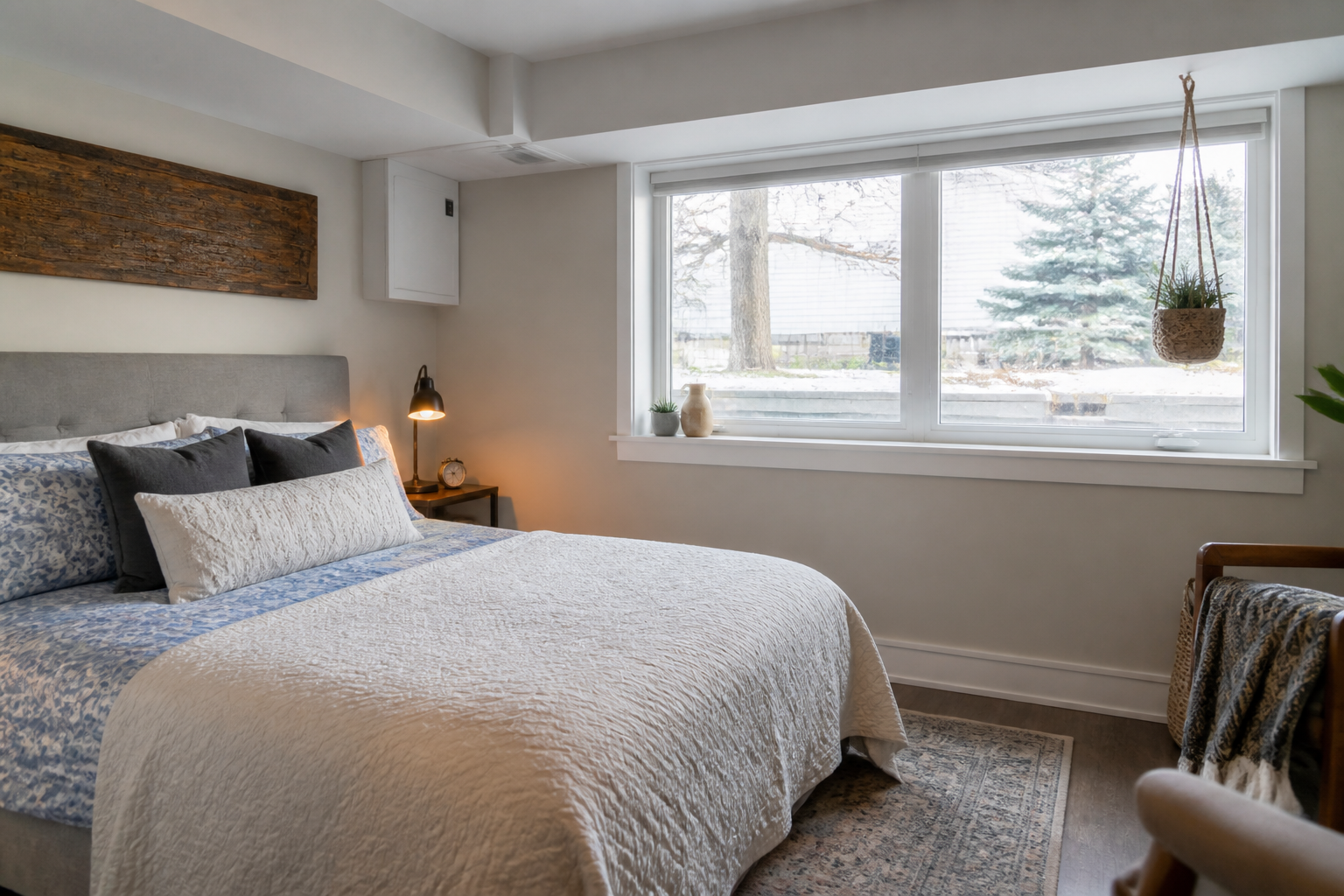 Bright finished basement bedroom in an Ontario home with a large egress window bringing in daylight beside a neatly made bed