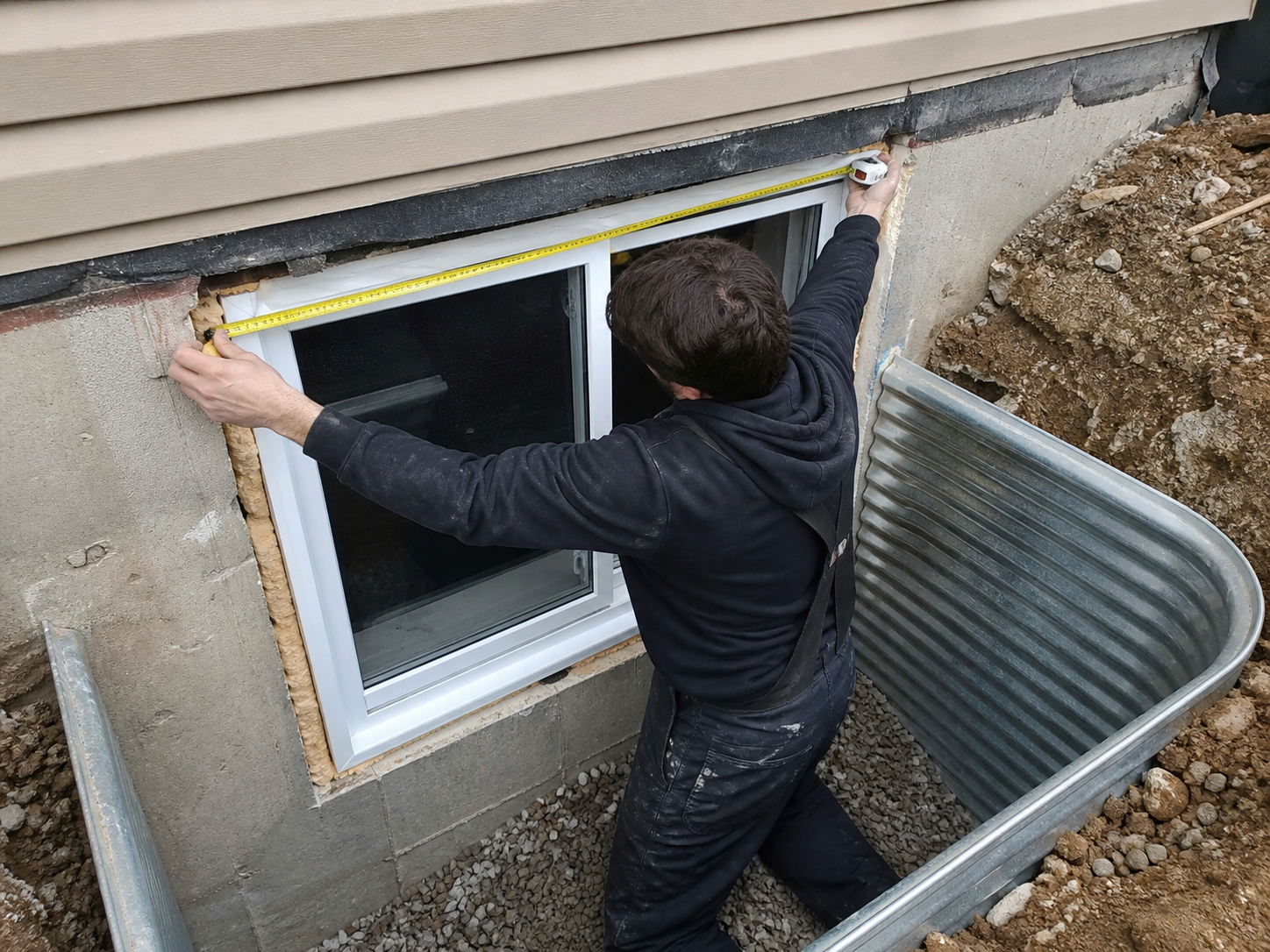 Installer measuring and fitting a new enlarged basement window opening with a metal window well outside