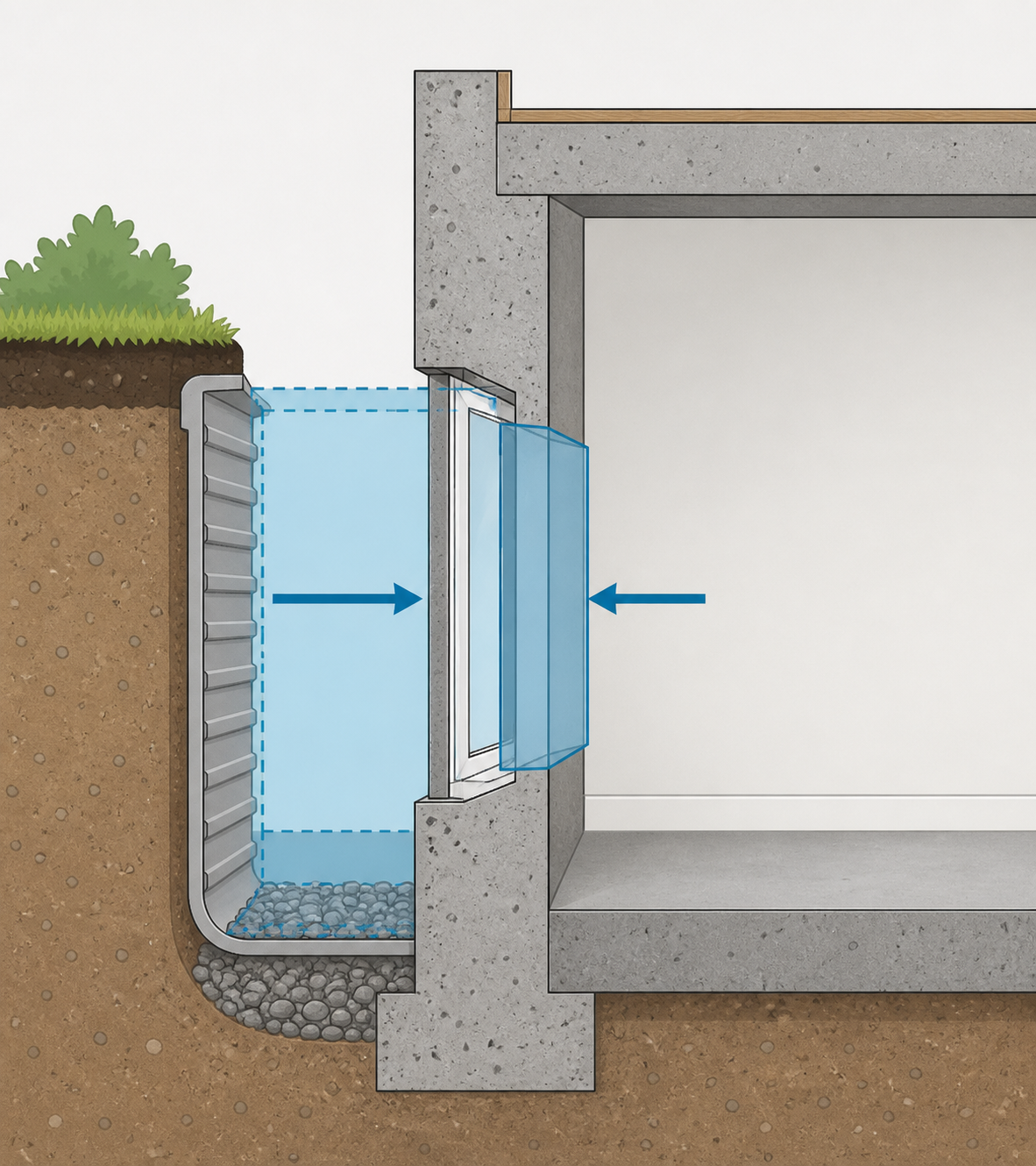 Simple illustration showing the clear opening of a basement egress window and the clearance needed inside a window well