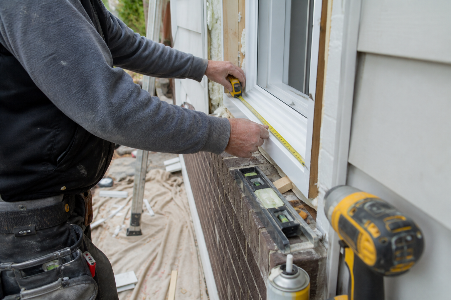 Installer measuring and setting a new vinyl window into a residential opening