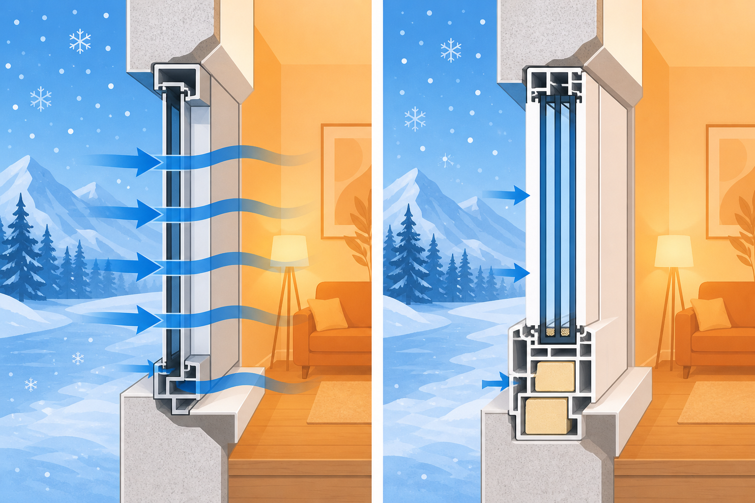 Simple visual showing heat moving more easily through aluminum than vinyl in winter