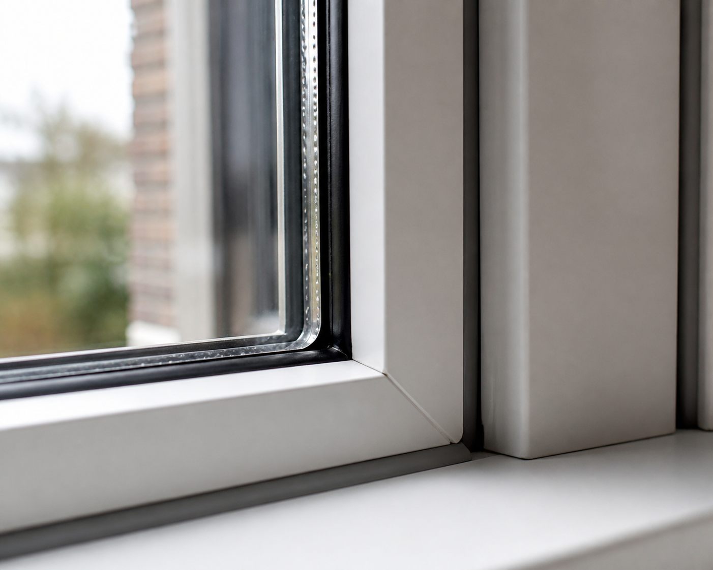 Macro close-up of window frame corner and weatherstripping seal