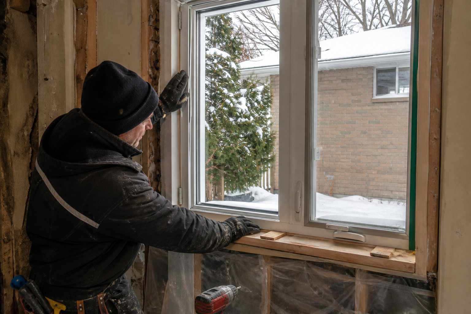 Installer setting a new vinyl casement window into an opening during winter replacement work