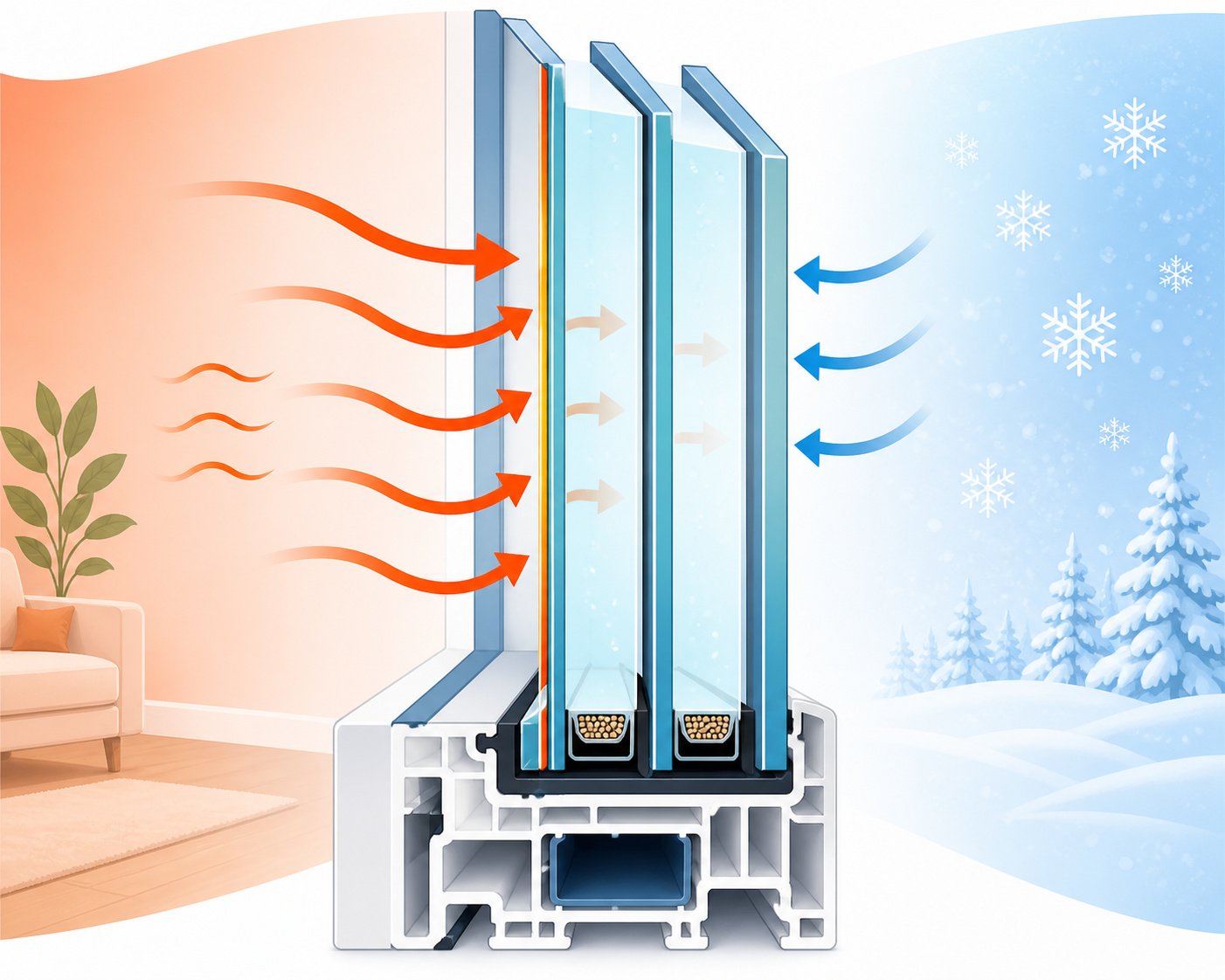 Simple illustration showing winter heat staying inside a multi-pane window and cold staying outside