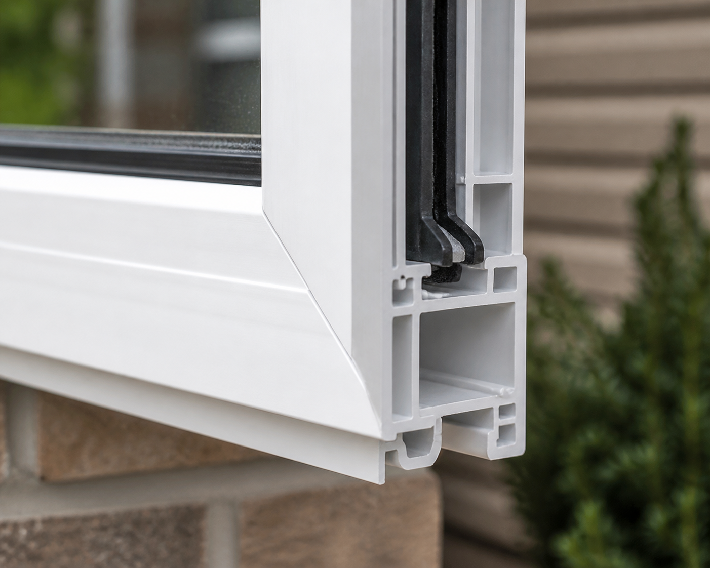 Macro close-up of vinyl window weatherstripping, corner weld, and multi-chamber frame detail