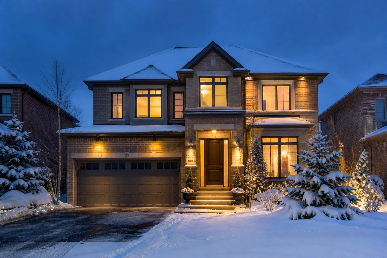 A snow-covered Canadian home at dusk with warm light glowing through its modern energy-efficient windows
