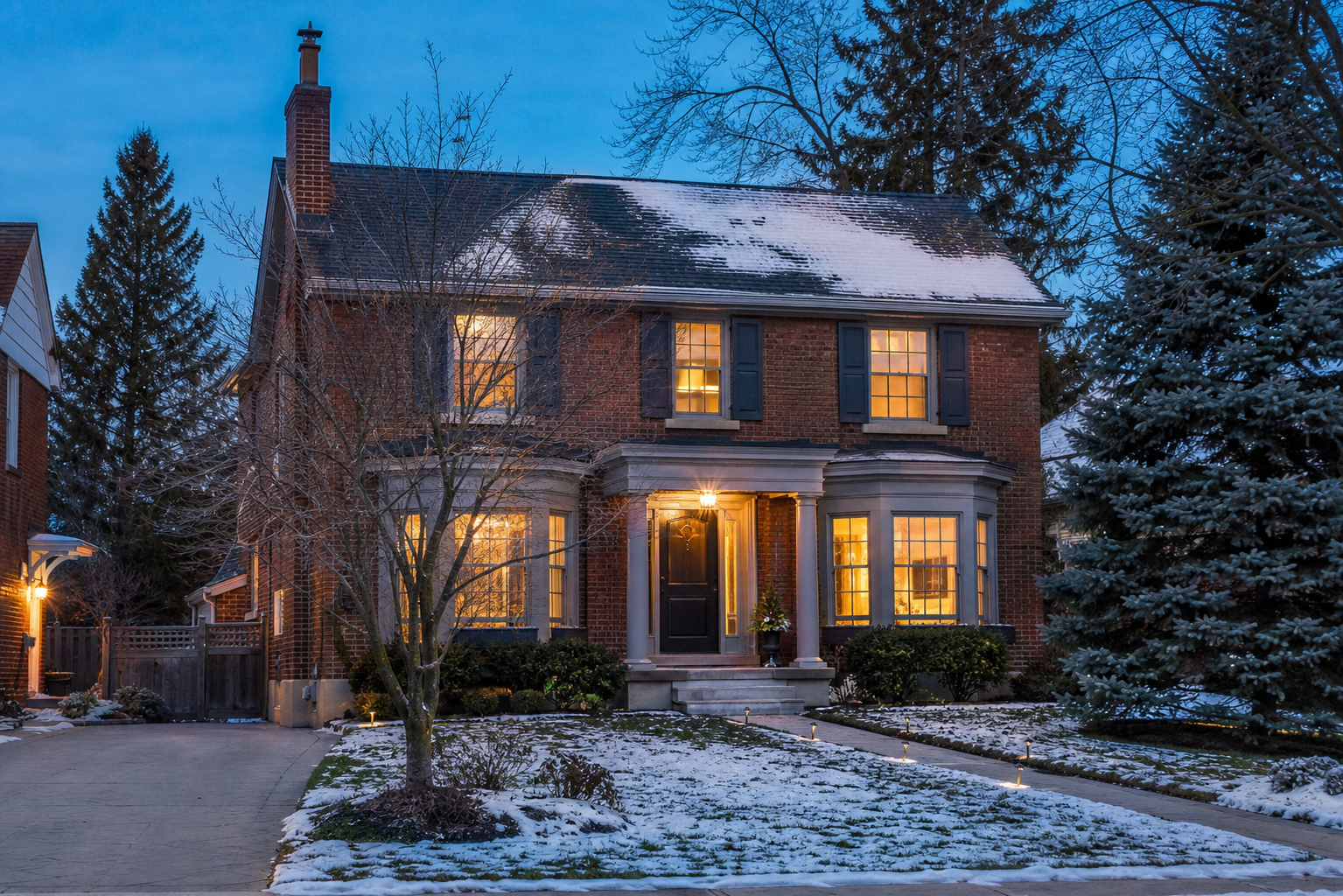 Classic Ontario brick two-storey home at blue hour with warm light glowing through the windows